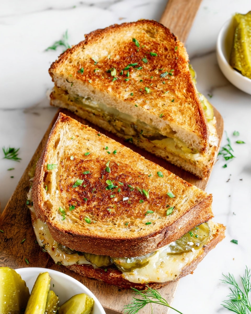 The image shows a grilled sandwich cut into two triangular halves placed on a wooden board on a white marbled surface. The sandwich has two layers of golden-brown toasted bread with a crispy texture, sprinkled with small green herbs on top. Between the bread slices, there are visible thick slices of pickles and melted cheese, adding a yellow and green color contrast inside. On the side, there is a small white bowl with more pickle slices. The sandwich looks warm and crunchy, with a fresh herb garnish adding a touch of green. Photo taken with an iphone --ar 4:5 --v 7