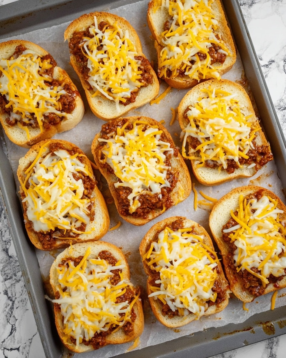 Eight pieces of baked open-faced sandwiches are placed on a parchment paper-lined gray baking tray. Each sandwich has three visible layers: a base layer of soft, light golden toasted bread, a middle layer of thick brown meat sauce spread unevenly, and a top layer of melted shredded cheddar and mozzarella cheese with yellow and white colors blending together. Some cheese has melted and dripped slightly onto the parchment paper. The background shows a white marbled texture surface. photo taken with an iphone --ar 4:5 --v 7