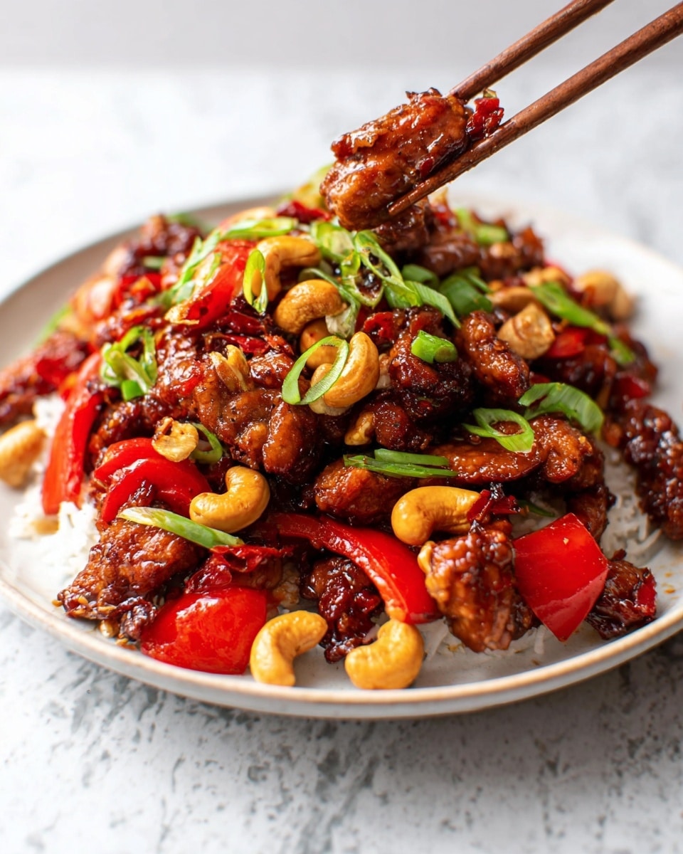 The image shows a white plate filled with a richly colored stir-fry dish. The bottom layer has glossy, dark brown cooked chicken pieces with a slightly sticky texture. Mixed throughout are bright red slices of bell peppers and whole golden cashews, adding crunch to the dish. On top, there are chopped green onions scattered, giving a fresh green contrast. A woman's chopsticks are holding a piece of chicken above the plate. The background is a white marbled texture. Photo taken with an iphone --ar 4:5 --v 7