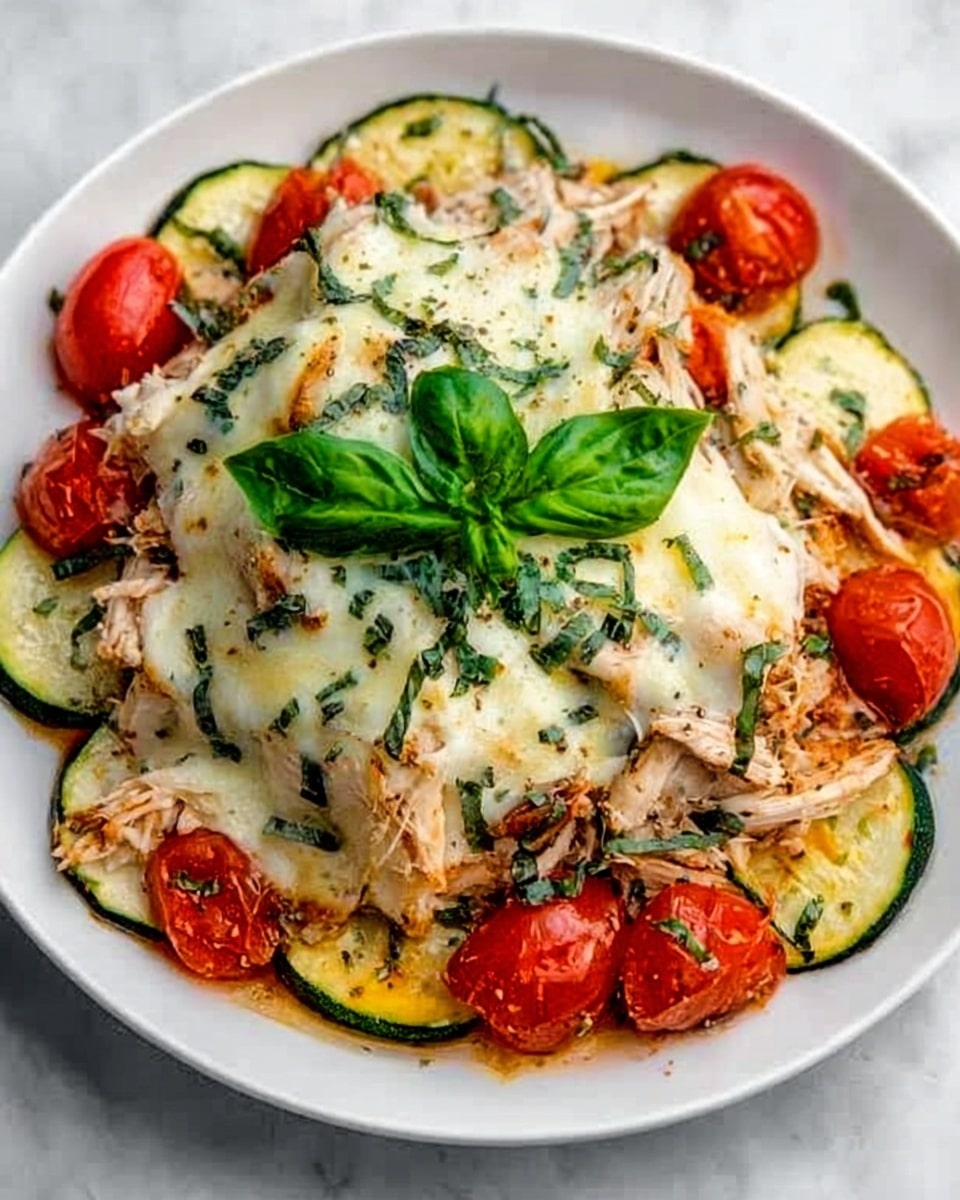 The dish is a baked casserole in a white bowl filled with visible layers of thin, green zucchini slices standing upright at the edge, covered by a golden brown, browned cheese topping with scattered fresh chopped green herbs. Bright red whole cherry tomatoes are placed evenly on top, adding a pop of color against the creamy, bubbly cheese crust. The cheese has a slightly charred texture with some creamy spots showing through. The dish sits on a white marbled surface. Photo taken with an iphone --ar 4:5 --v 7