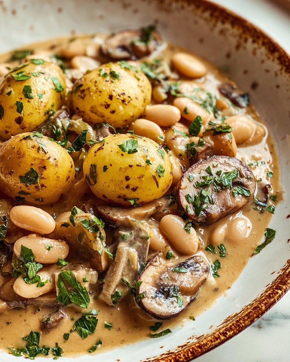 A white bowl filled with a creamy sauce base, topped with several layers of cooked sliced mushrooms that are light brown with soft textures, and white beans scattered around, sprinkled with green herbs. A slice of toasted brown bread rests inside the bowl on the left side, partially dipping into the sauce. A silver spoon is placed at the right edge inside the bowl. The bowl is set on a white marbled surface with some green leaves and a whole onion near the top right. Photo taken with an iphone --ar 4:5 --v 7