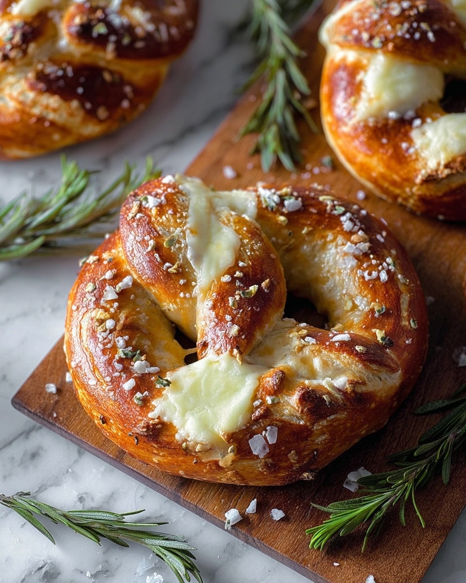 The image shows a close-up of soft baked pretzels with a deep golden brown crust. Each pretzel is twisted into a classic loop shape with a thick dough layer forming the base. They have a topping of coarse white salt grains and scattered fresh green herb leaves. Melted cheese with a pale yellow color oozes from slits cut into the dough, adding a smooth, creamy texture on top of the pretzels. The pretzels are placed on crinkled brown parchment paper that rests on a white marbled textured surface. photo taken with an iphone --ar 4:5 --v 7
