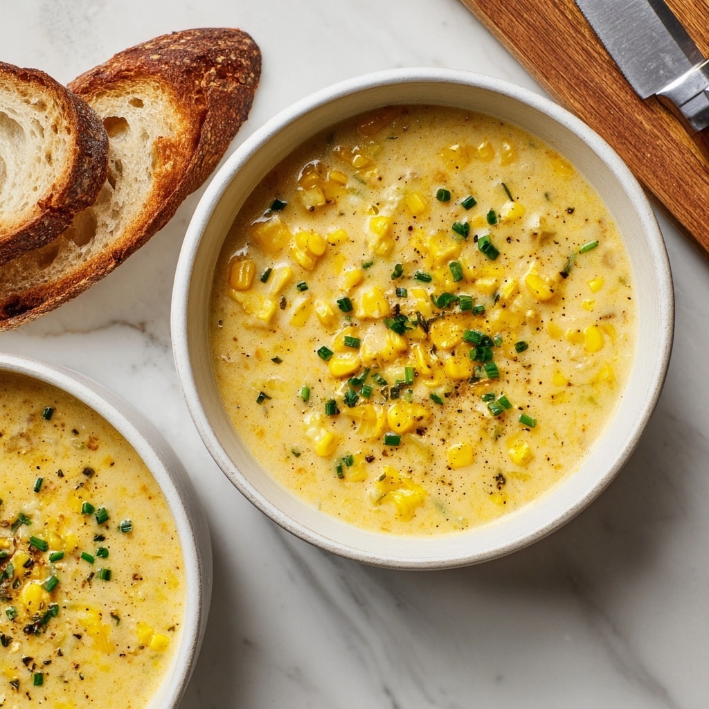 A brown ceramic bowl filled with creamy corn chowder is shown on a white marbled surface. The chowder has a thick texture with visible yellow corn kernels and small chunks of white potatoes floating in the soup. It is sprinkled with finely chopped green herbs and cracked black pepper on top. A silver spoon is partially inside the bowl, angled toward the right side. photo taken with an iphone --ar 4:5 --v 7