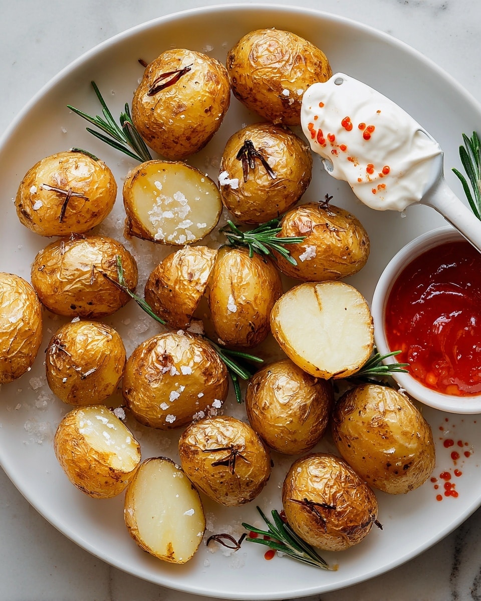 A white plate holds multiple golden-brown roasted baby potatoes, some whole and some cut in half showing their smooth, pale interiors. The potatoes are sprinkled with coarse salt flakes and small dark rosemary leaves, adding texture. A few green rosemary sprigs are placed around the potatoes for decoration. In the top right corner, a small white bowl contains creamy white yogurt mixed with bright red chili sauce swirled on top. A white slotted spatula partially lifts one halved potato, and the plate sits on a white marbled surface. photo taken with an iphone --ar 4:5 --v 7
