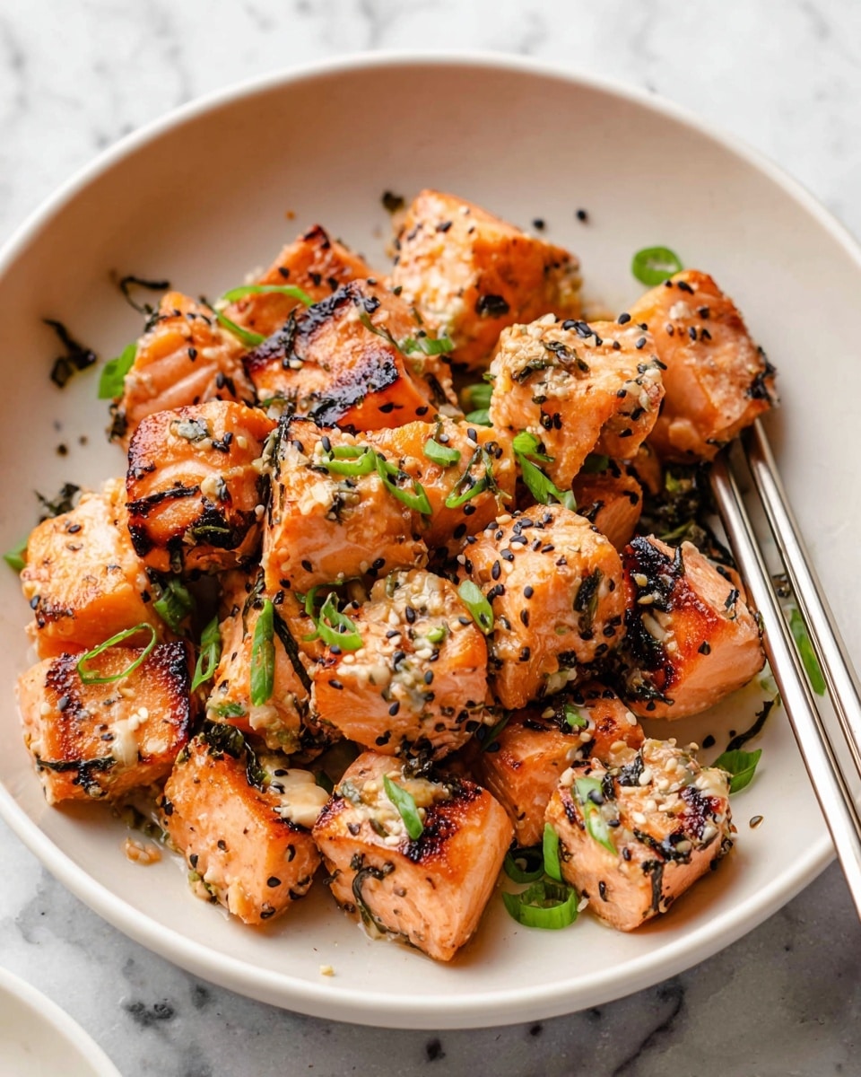 A white bowl filled with bite-sized, grilled salmon cubes with a slightly charred, orange-pink surface and visible grill marks. The salmon pieces are coated with a light, creamy sauce sprinkled with small bits of black seaweed and light sesame seeds. Scattered bright green chopped scallions add fresh color, contrasting with the salmon. The bowl is placed on a white marbled surface, and metal chopsticks rest on the side of the bowl. photo taken with an iphone --ar 4:5 --v 7