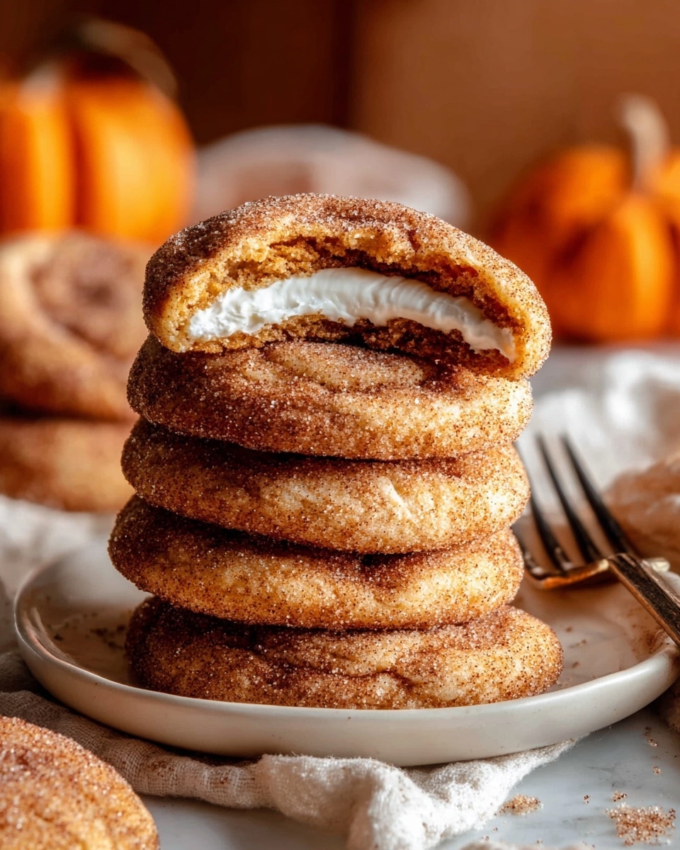 A stack of three soft, golden brown cookies is shown, with the top cookie split in half to reveal a creamy white filling inside. The cookies have a slightly cracked texture on the surface, sprinkled with coarse sugar crystals that sparkle in the light. The creamy filling is smooth and thick, sitting in the center of each cookie half. The background features a warm, blurred orange tone that enhances the cozy feel, and the cookies rest on a white marbled texture. Photo taken with an iphone --ar 4:5 --v 7