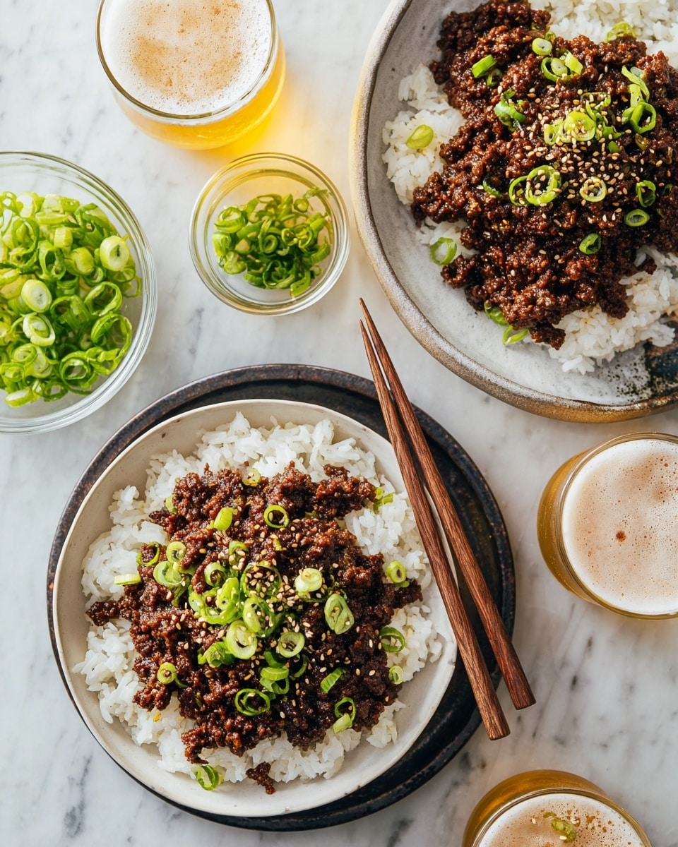 Two bowls of cooked white rice topped with a dark brown cooked ground meat mixture, garnished with sliced green onions and sesame seeds on top. Each bowl is white and sits on a darker white plate with wooden chopsticks resting on the top plate. Around the bowls are small clear glass bowls filled with chopped green onions and sesame seeds, and two glasses of light golden beer with foam on top. The whole scene rests on a white marbled surface. photo taken with an iphone --ar 4:5 --v 7