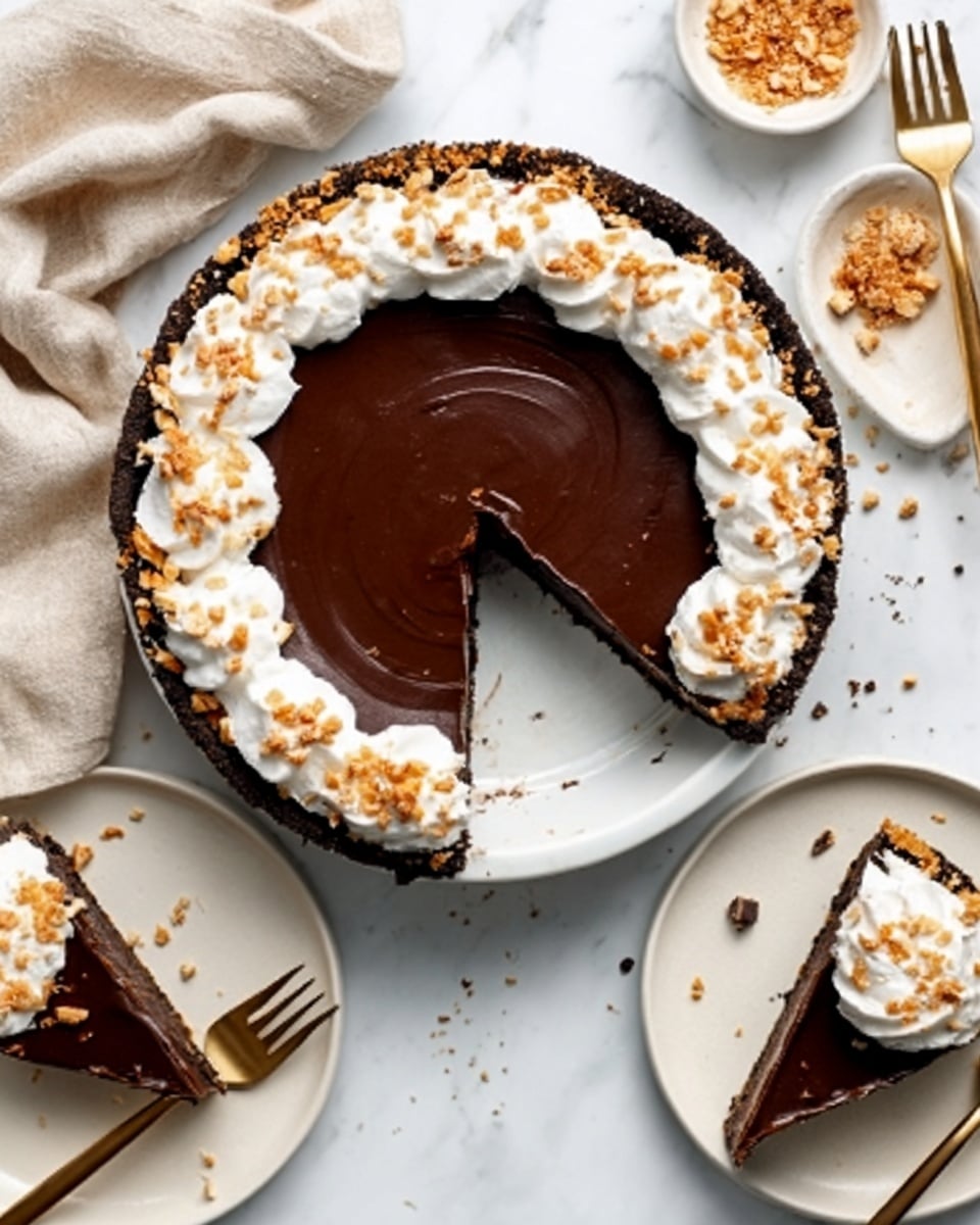 A round chocolate pie is shown from above on a white marbled surface. The pie has one main layer of dark shiny chocolate filling with a smooth texture. Around the edge, there is a thick border of whipped cream topped with small toasted pieces, creating a light contrast against the dark chocolate. A woman’s hand is lifting out a slice from the pie, revealing a thin brown crust at the base. Two white plates with slices of the pie, each topped with a small dollop of whipped cream, are placed nearby along with gold-colored forks and a small bowl of crumbs. Photo taken with an iphone --ar 4:5 --v 7