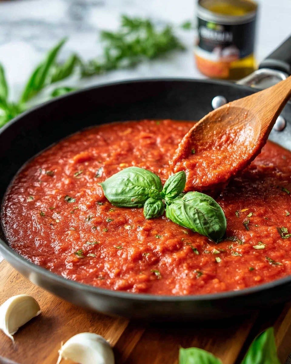 A close-up of a black pan filled with thick red tomato sauce with small chunks and herbs visible throughout the surface, topped with a fresh green basil leaf cluster in the center; a wooden spoon scoops some sauce from the right side, showing texture and bits of herbs on it; the pan rests on a wooden board with garlic cloves placed near the bottom left, while blurred green herbs and a can are in the white marbled background. Photo taken with an iphone --ar 4:5 --v 7