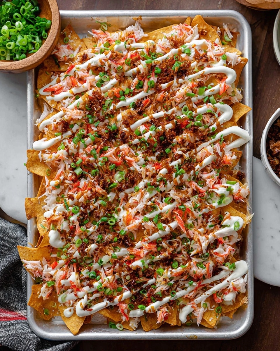 A close-up image of a piece of flatbread pizza being picked up by a woman's hand, showing a thin, soft crust topped with layers of melted cheese that is slightly browned, small chunks of lobster meat in pale white and pink shades, scattered green chopped onions, and a light spread of tomato sauce underneath. The flatbread is on a white marbled surface, and the background is filled with more flatbread pieces, all topped uniformly. The overall color palette includes warm cheese and tomato reds with fresh green highlights. photo taken with an iphone --ar 4:5 --v 7