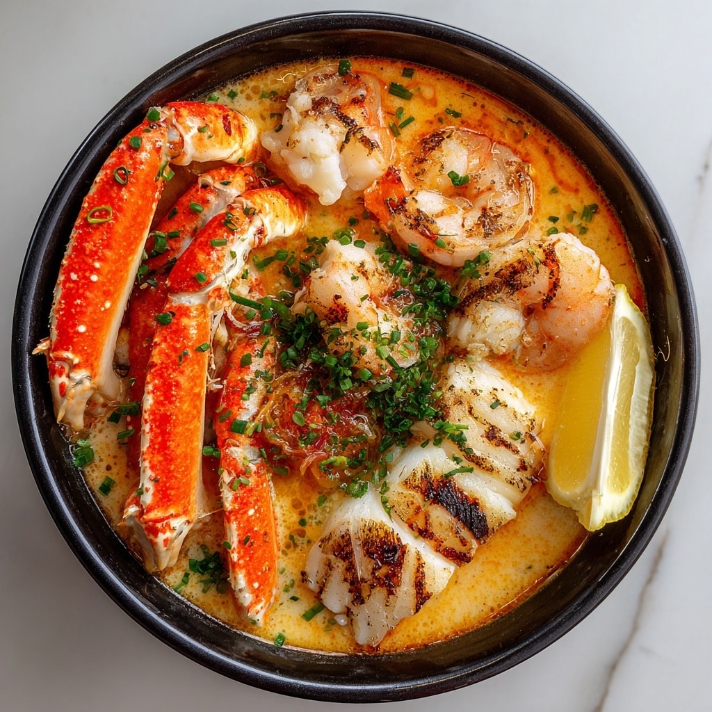 A white bowl filled with a thick, creamy orange soup as the base layer, topped with multiple pieces of large cooked shrimp that are white with pinkish accents, some sprinkled with black pepper and chopped green herbs. Among the shrimp pieces, there is a large cooked lobster claw in a mixed red and white shell, adding a firm texture and bright color contrast. The shrimp and lobster pieces are arranged so they cover most of the soup's surface, with the green herbs scattered for garnish. The bowl sits on a white marbled textured surface. Photo taken with an iphone --ar 4:5 --v 7