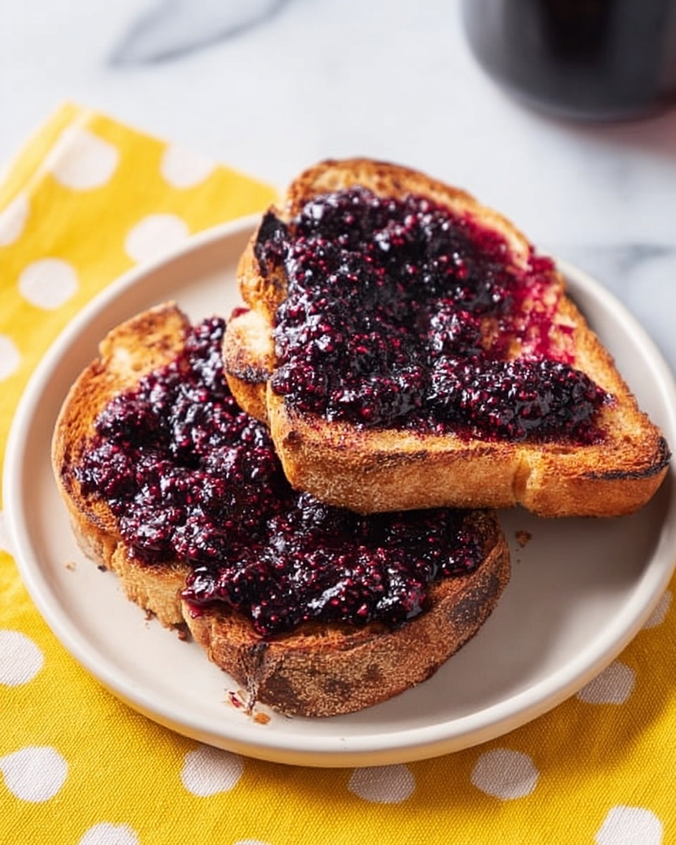 A clear glass jar filled with thick, chunky dark purple blackberry jam, showing texture with whole and crushed berries; a spoon coated heavily with the jam is held above the jar, dripping slightly. In the blurred background, two slices of toasted bread topped with generous layers of the jam sit on a white plate. Everything is set on a surface with a white marbled texture. The light is bright and natural, highlighting the glossy, wet look of the jam. photo taken with an iphone --ar 4:5 --v 7