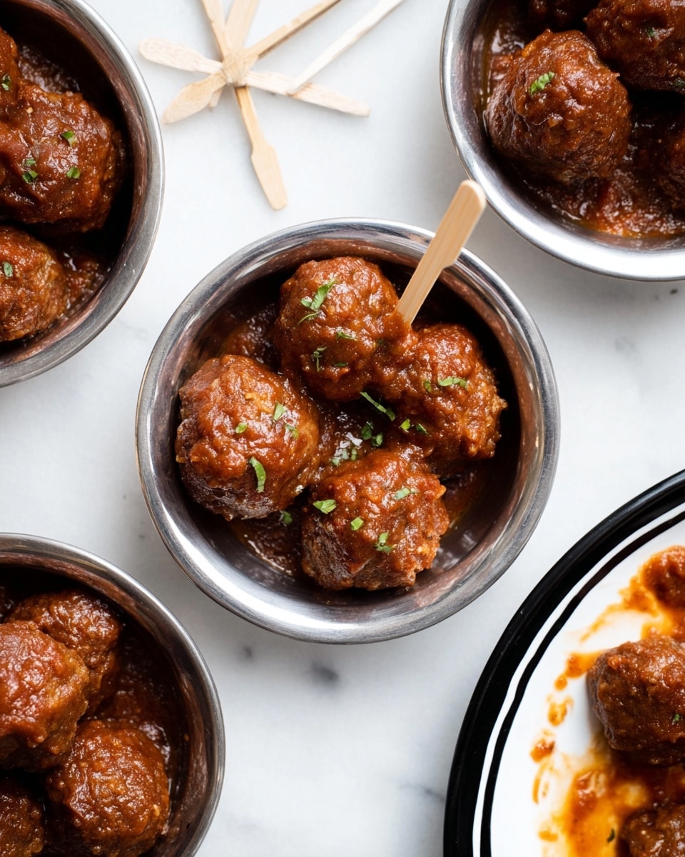The image shows five small silver bowls filled with several round meatballs covered in a thick, rich brown sauce, each sprinkled lightly with small green herb bits. One bowl is close to the center, containing about six meatballs with a small wooden toothpick sticking out from one meatball. The bowls are placed on a white marbled surface, and on the bottom right, there is a white plate with black rim showing some sauce stains and a few meatballs partly in view. Several small wooden toothpicks are scattered on the left side of the image. photo taken with an iphone --ar 4:5 --v 7