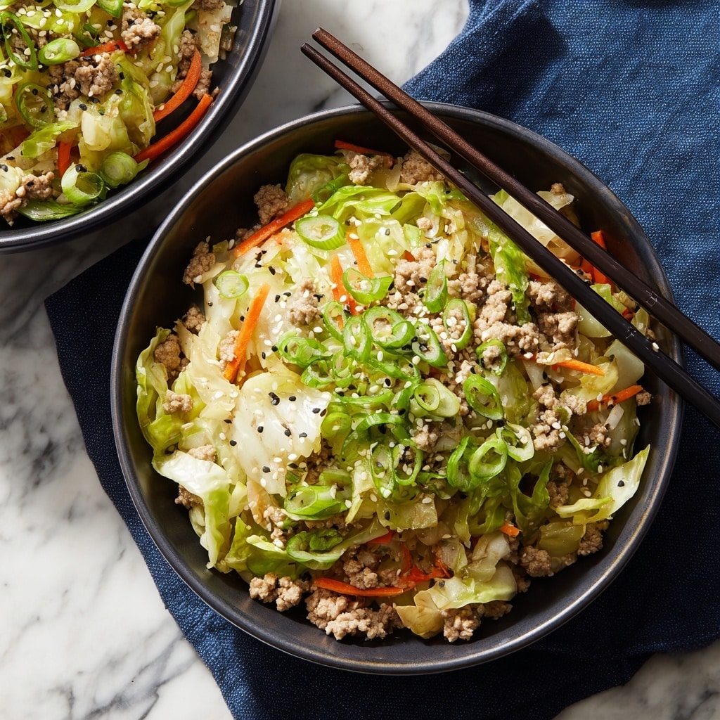 A close-up of a black bowl filled with a stir-fry mix that has three main layers: the bottom layer is light beige cooked ground meat, the middle layer consists of pale green chopped cabbage and thin orange carrot sticks, and the top layer is bright green chopped scallions sprinkled with white sesame seeds and black pepper. Black chopsticks rest on the bowl’s edge, and the bowl sits on a dark blue cloth over a white marbled surface. photo taken with an iphone --ar 4:5 --v 7