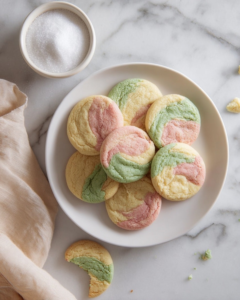 A white plate holds a pile of round cookies, each divided into three color sections: pale yellow, light green, and soft pink, with the colors swirling together smoothly. The texture of the cookies looks soft and slightly crumbly. Near the plate, on a white marbled surface, there are cookie crumbs and a broken cookie piece showing the same three-color pattern. To the left, a bowl filled with white granulated sugar sits next to a light beige cloth draped softly on the white marbled surface. photo taken with an iphone --ar 4:5 --v 7