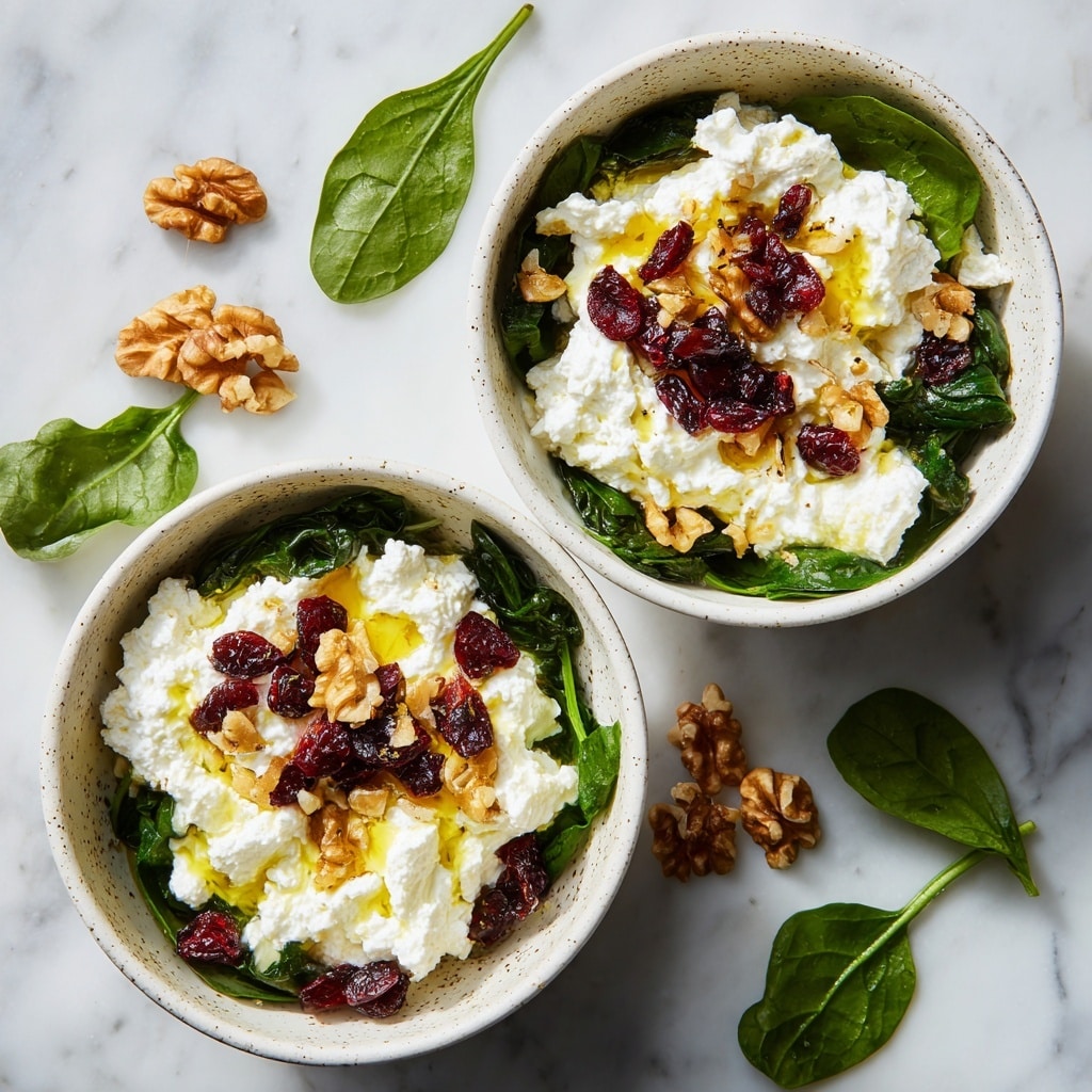 A white bowl filled with fresh green spinach leaves at the bottom, topped with a thick layer of white, crumbly cottage cheese covering most of the spinach. Scattered on top are dark red dried cranberries and light brown walnut halves, with a drizzle of golden olive oil pooling slightly in the middle. The bowl is placed on a white marbled surface with a few loose spinach leaves and walnut pieces around it. Photo taken with an iphone --ar 4:5 --v 7