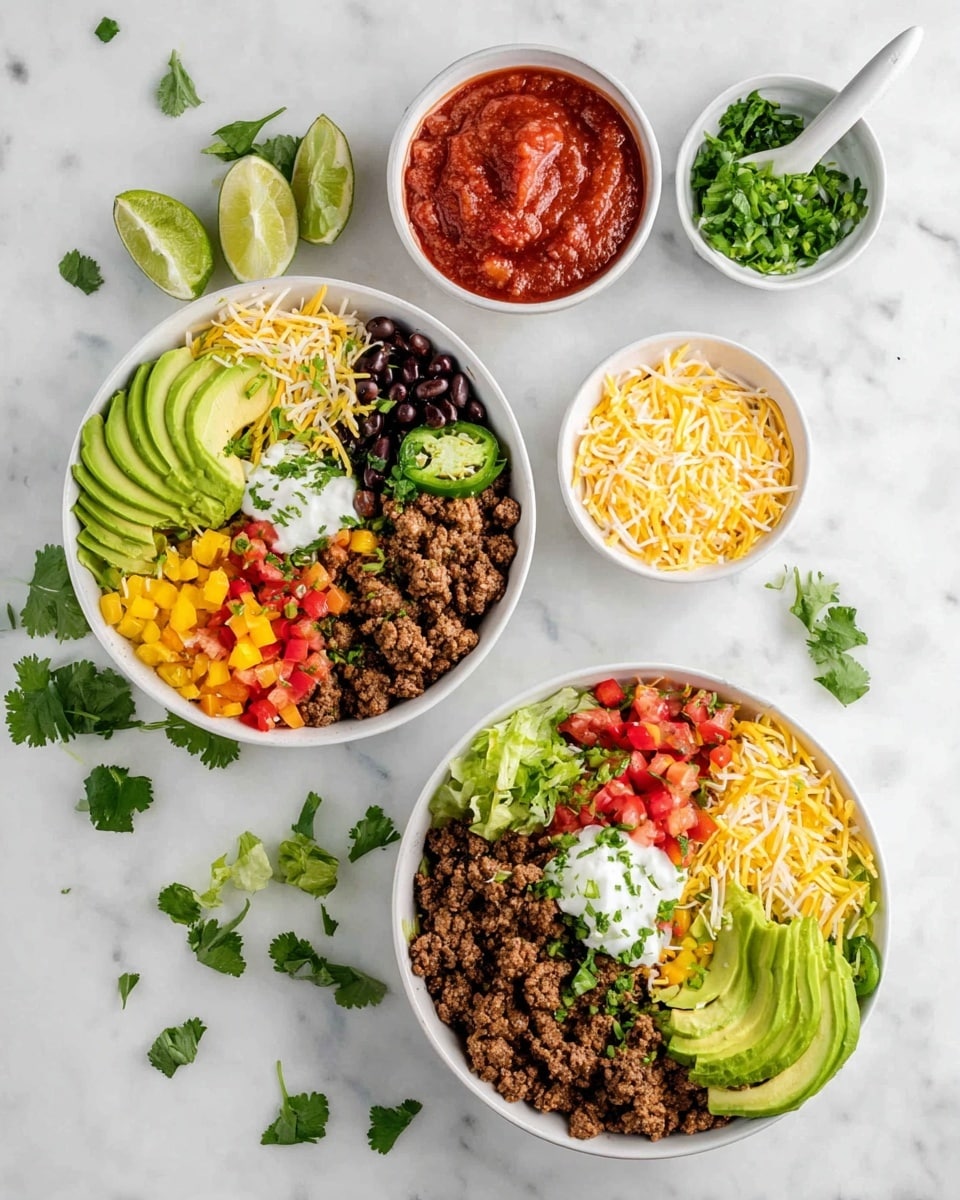 Two white bowls on a white marbled surface are filled with colorful taco salad layers. Each bowl is arranged neatly with ground beef mixed with onions forming a brown textured section, sliced green avocado on top, shredded yellow and white cheese, black beans, chopped green onions, diced yellow and red bell peppers, and a dollop of sour cream garnished with cilantro in the center. Lime wedges rest on top near the avocado. Around the bowls are small white bowls containing red salsa with a white spoon, shredded cheese, and fresh cilantro. Some cilantro leaves are scattered on the surface. The photo taken with an iphone --ar 4:5 --v 7