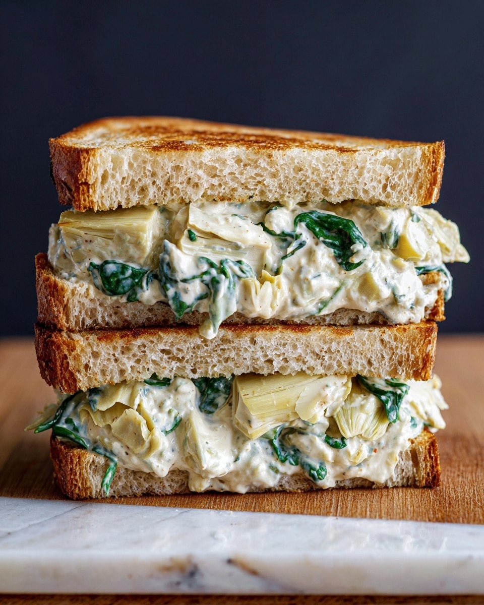 The image shows a sandwich cut in half and stacked on a wooden board, placed on a white marbled background. The sandwich has three layers of golden toasted bread with a crisp texture. Inside, there are thick layers of creamy white spread with green herb bits, light yellow artichoke pieces, and fresh dark green spinach leaves. The layers are thick and filled generously, with the artichoke and spinach adding texture and color contrast. The sandwich looks fresh and hearty, with a rustic feel. Photo taken with an iphone --ar 4:5 --v 7