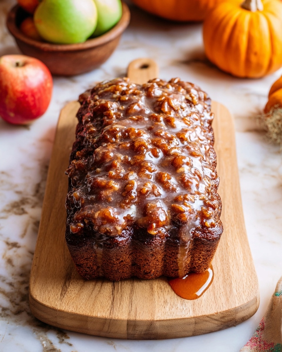 A rectangular loaf of moist brown cake with a textured, golden crust is placed on white parchment paper over a white marbled surface. The cake has a shiny layer of light beige glaze dripping down the sides and a nutty, chunky topping that is darker, almost caramelized brown. Three slices of the cake are cut and laid out in front, showing a soft, dense, and slightly crumbly interior with small moist bits inside. The background has warm blurred objects including a small pumpkin and a pot with a golden handle. Photo taken with an iphone --ar 4:5 --v 7