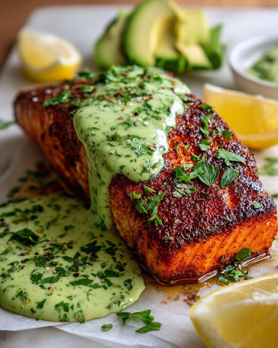 A single piece of cooked salmon filet with a crispy, dark orange-red crust is placed on a white marbled surface with a smear of light green creamy sauce beneath it. The salmon is topped with three slices of lime sprinkled with red chili flakes and fresh green herbs. Around the salmon, bright lime halves and a halved avocado with green flesh are slightly blurred in the background, adding depth to the image. Small fresh herb leaves are scattered on and around the salmon, adding a fresh green touch. photo taken with an iphone --ar 4:5 --v 7