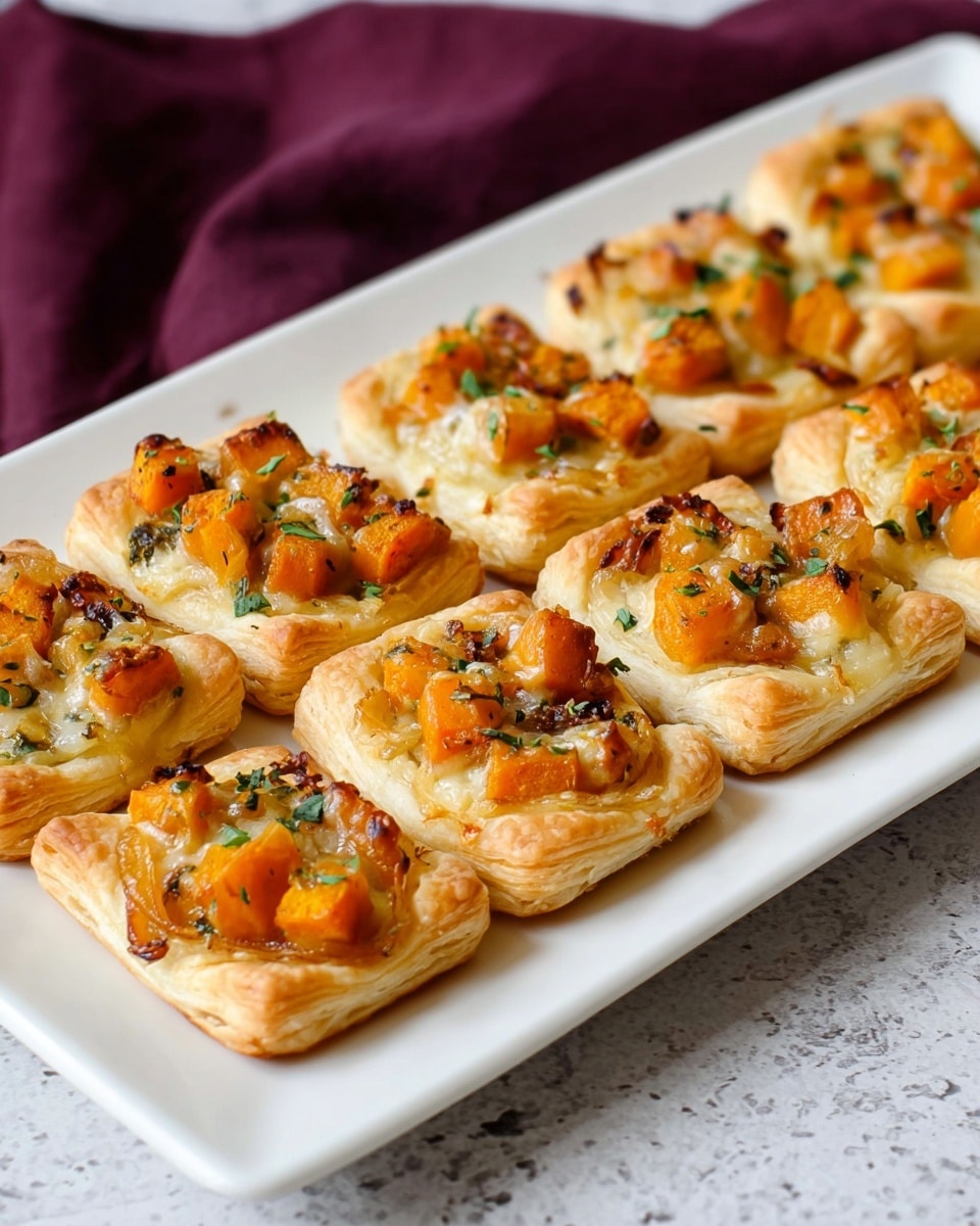 The image shows two white plates on a white marbled table. Each plate holds several small rectangular puff pastry tarts. The tarts have a golden, flaky bottom layer with slightly raised edges. On top, there is a layer of melted cheese with a creamy, light yellow color, mixed with small orange chunks, likely roasted vegetables, and tiny browned bits, perhaps caramelized onions, spread evenly across the surface. The tarts are arranged neatly in rows on the plates. Photo taken with an iphone --ar 4:5 --v 7