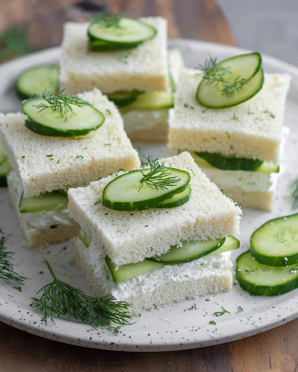 The image shows several small cucumber sandwiches arranged on a white plate with a speckled design. Each sandwich has two layers of soft, white bread with a visible middle layer of white cream cheese spread and thin, green cucumber slices. The top of each sandwich is decorated with a crescent-shaped cucumber slice and a small sprig of fresh green dill. Some loose cucumber slices and dill sprigs are scattered around the plate, which sits on a wooden surface replaced by a white marbled texture. The overall scene is bright and fresh. photo taken with an iphone --ar 4:5 --v 7