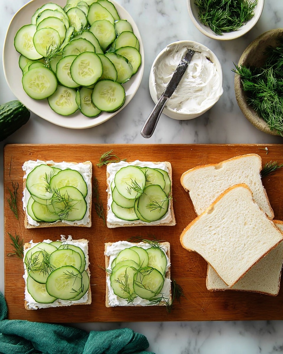 The image shows a wooden cutting board on a white marbled surface with four square pieces of white bread topped with a thick layer of creamy white spread, then a layer of thin, round cucumber slices arranged to cover the bread, and finally sprinkled with fresh green dill on top. To the left, a white plate holds many cucumber slices, and a small white bowl contains fresh dill. Another white bowl filled with the creamy spread has a knife resting on it. A pile of plain white bread slices is stacked neatly on the right side of the board. A woman's hand with a green cloth is partially visible at the bottom. Photo taken with an iphone --ar 4:5 --v 7