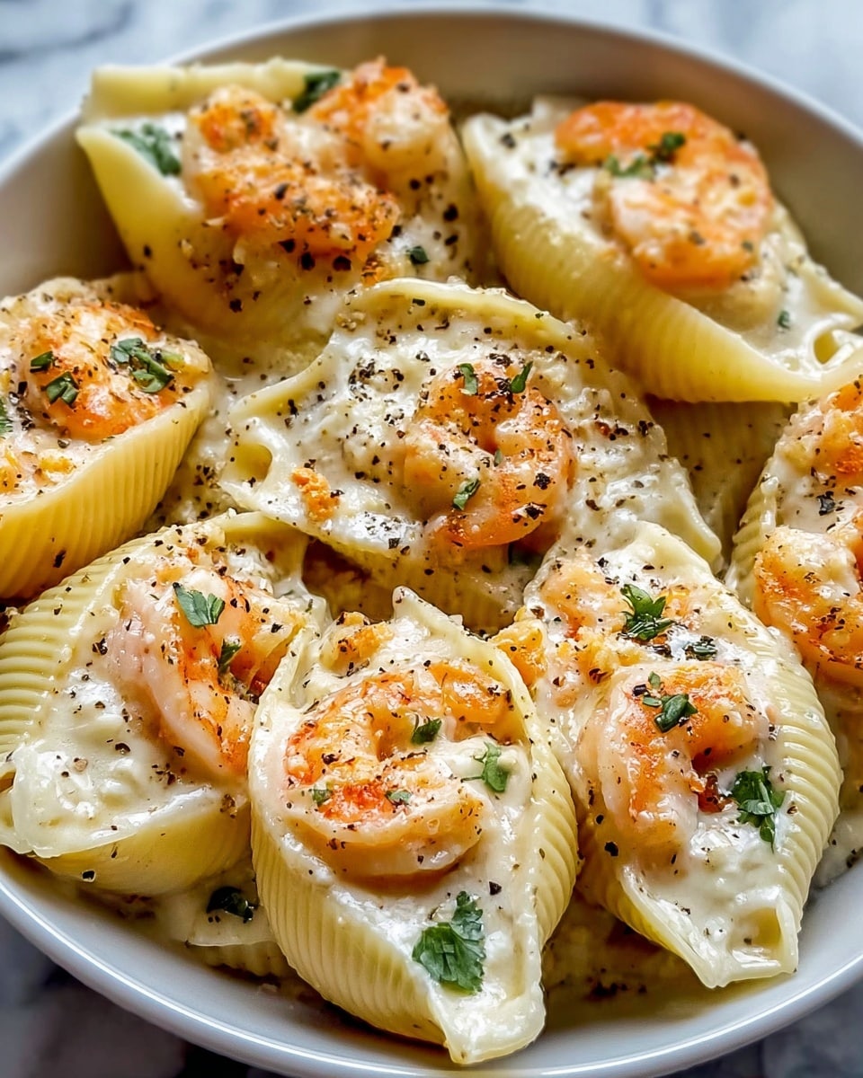 The image shows large pasta shells filled with a creamy white mixture topped with cooked orange shrimp. Each shell has two layers: the bottom layer is the smooth, soft pasta shell in a pale off-white color, and the top layer is a rich, creamy white sauce with visible pieces of shrimp and small green herb bits sprinkled on top. The shrimp appear slightly browned with a light orange-pink color and some black pepper seasoning scattered across the shells. The stuffed shells are placed closely together in a white bowl, sitting on a white marbled surface. Photo taken with an iphone --ar 4:5 --v 7