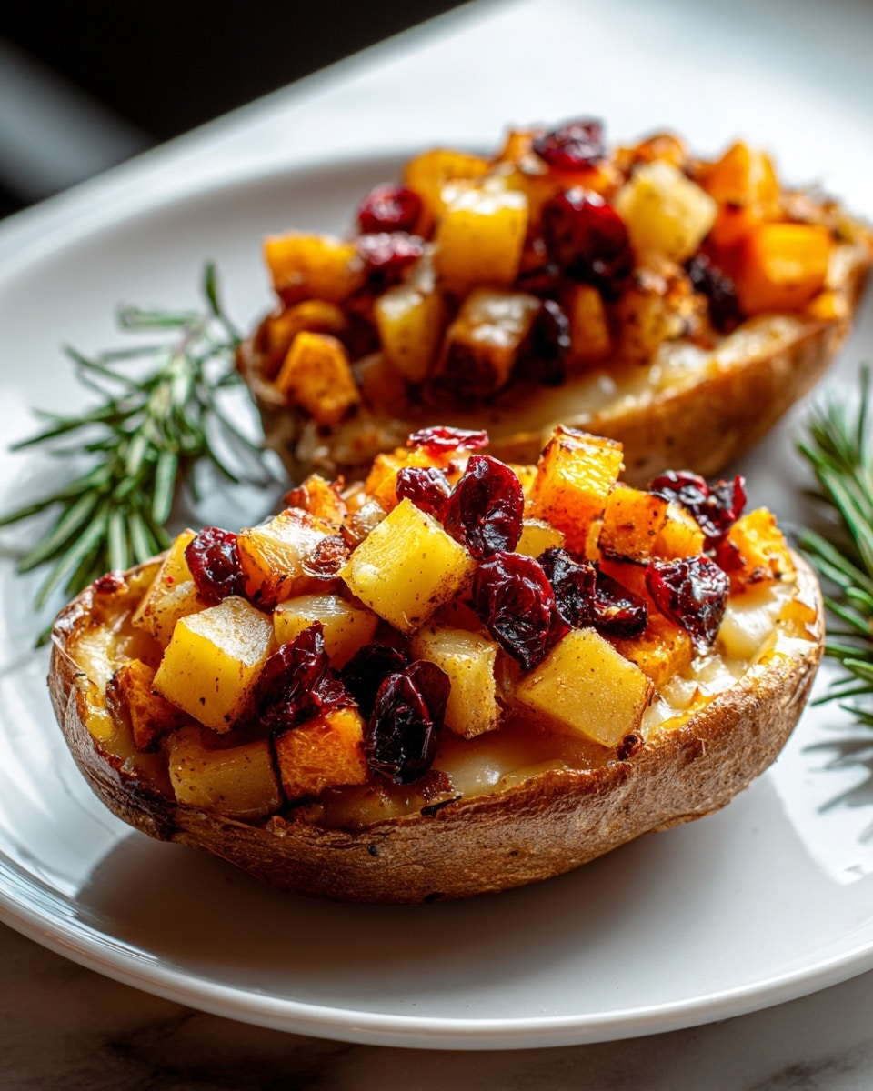 Two stuffed potato skins are placed on a white plate on a white marbled surface. Each potato skin base is golden brown with slightly crispy edges and filled with a layer of melted cheese that peeks out around the edges. On top of the cheese, there is a chunky mix of diced yellow and light brown potatoes, small orange cubes of squash or sweet potato, and scattered dried red cranberries, adding bright spots of deep crimson. The ingredients look roasted and slightly caramelized, giving a warm, inviting texture. A small green sprig, likely rosemary, is placed beside the potato skins, adding a fresh contrast to the warm colors. The photo is sharp in the front, with a soft focus background, capturing natural light reflections on the filling. photo taken with an iphone --ar 4:5 --v 7