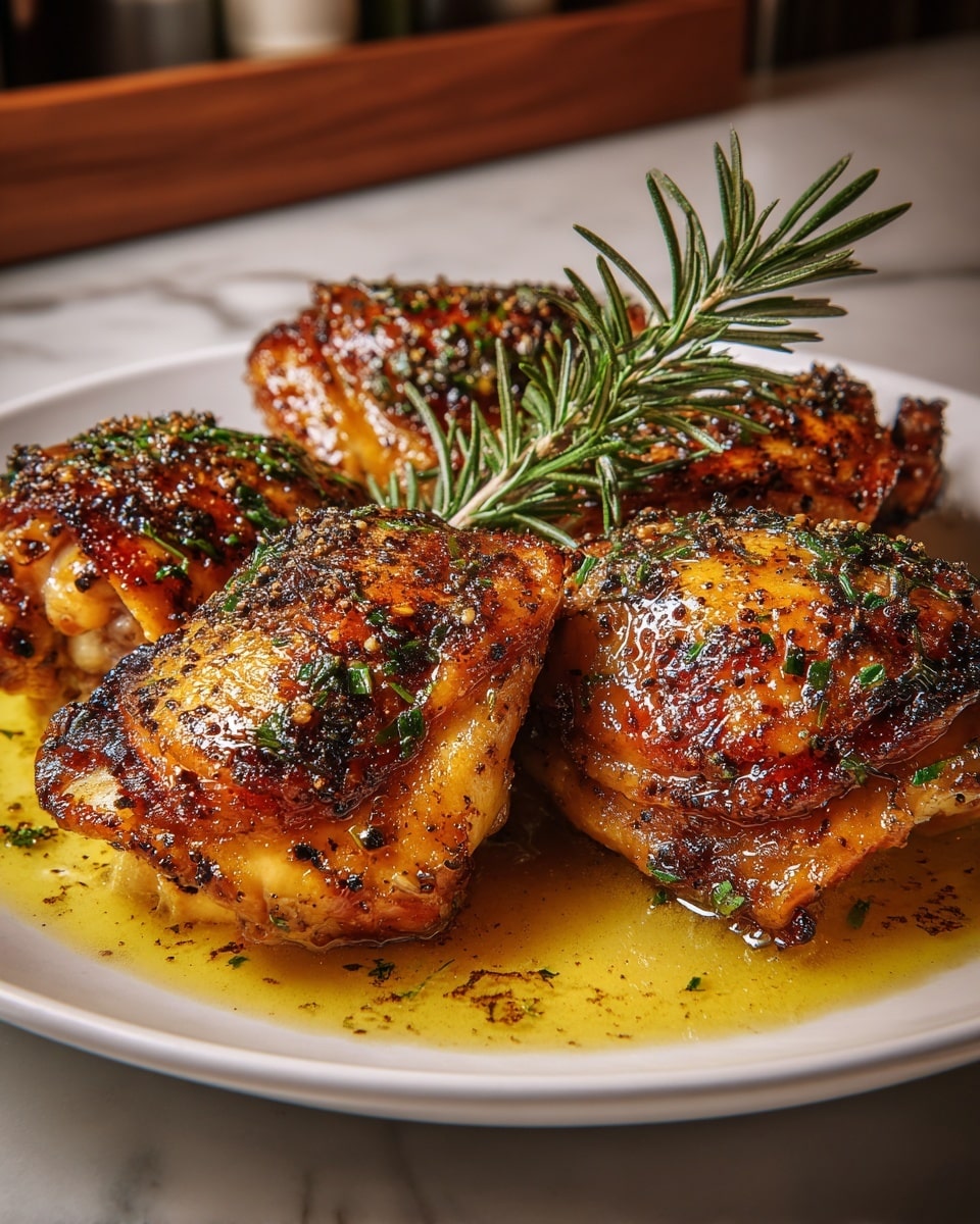A white plate holds four pieces of roasted chicken thighs with a crispy, golden-brown skin, seasoned with black pepper and green herbs scattered on top. The chicken is placed in a shallow pool of shiny, golden-butter sauce that shines under warm light. A sprig of fresh rosemary rests diagonally across the chicken pieces, adding a touch of green contrast to the rich brown and yellow colors. The texture of the chicken looks tender and juicy, with some charred spots for added crispness. The plate is set on a wooden surface, though the background is changed to a soft white marbled texture. photo taken with an iphone --ar 4:5 --v 7