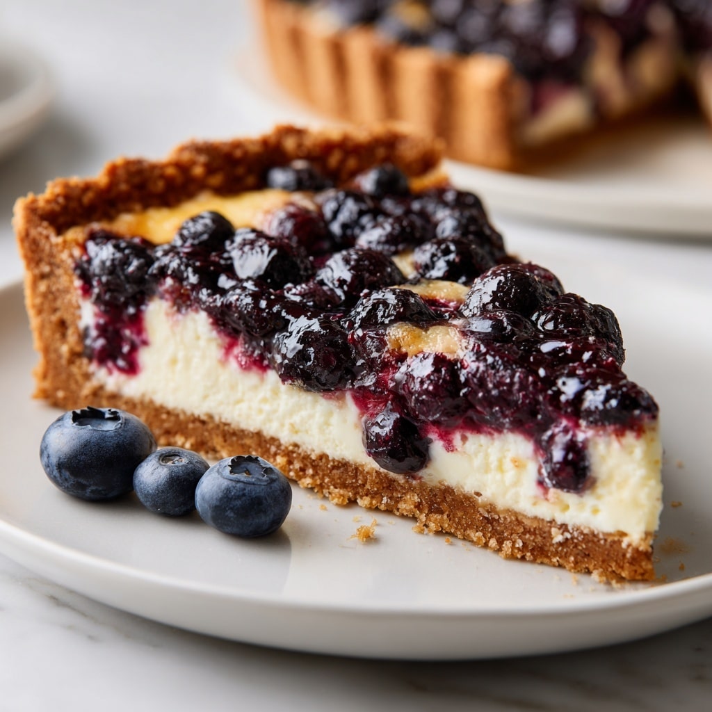 A round blueberry tart with one slice removed sits on a white plate placed on a white marbled surface. The tart has a golden-brown crust forming the bottom and raised edges, with a creamy white layer of cheese filling inside. On top, there are dark purple blueberry jam patches mixed with whole fresh blueberries, which are a deep blue-black color and scattered across the surface. The tart's top is shiny and slightly glossy from a glaze, showing a textured mix of smooth cheese and fruit, highlighting the contrast between the golden crust, creamy filling, and juicy blueberries. A few loose blueberries are placed around the plate. Photo taken with an iphone --ar 4:5 --v 7