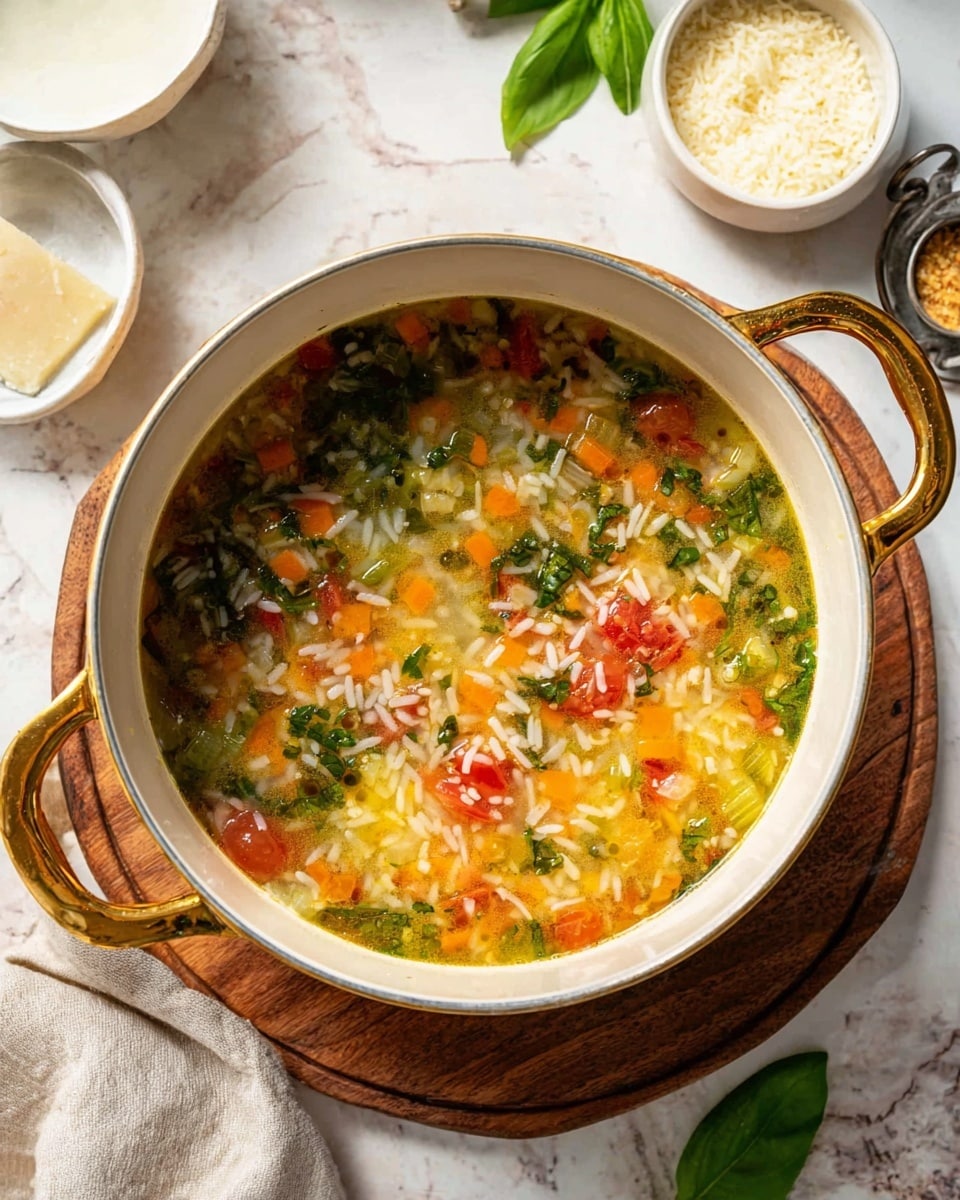In the image, there are two bowls of soup placed on a wooden board over a white marbled surface. Each bowl is white and filled with a clear broth containing pieces of rice, diced red tomatoes, green leafy herbs, and small bits of orange carrot. The soup shows a mix of finely chopped vegetables and herbs floating, creating a colorful and fresh look. One woman's hand is holding a spoon above the closest bowl, lifting a spoonful of soup that includes the diced tomatoes, rice, and herbs clearly visible. Several crispy, toasted bread slices with a golden-brown texture sit next to the bowl on a white plate. Fresh green basil leaves are spread on the surface, adding a touch of vivid green color to the scene. The lighting is bright and natural, enhancing the warm and fresh feeling of the dish. photo taken with an iphone --ar 4:5 --v 7