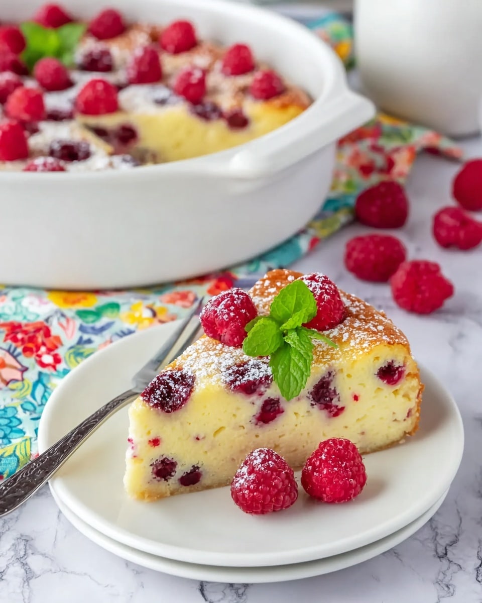 The image shows a slice of a yellow creamy cake with embedded dark red berries, placed on a white plate. The slice has a soft texture with a lightly browned crust on the bottom and sides. On top of the slice, there are fresh red raspberries and a sprinkling of white powdered sugar, along with a bright green mint leaf garnish. Behind the plate, the rest of the cake is visible in a white baking dish, with the same creamy yellow layer and fresh raspberries scattered on top. The scene is set on a white marbled surface with a colorful floral cloth underneath part of the baking dish, and a silver fork rests on the plate next to the cake slice. Photo taken with an iphone --ar 4:5 --v 7