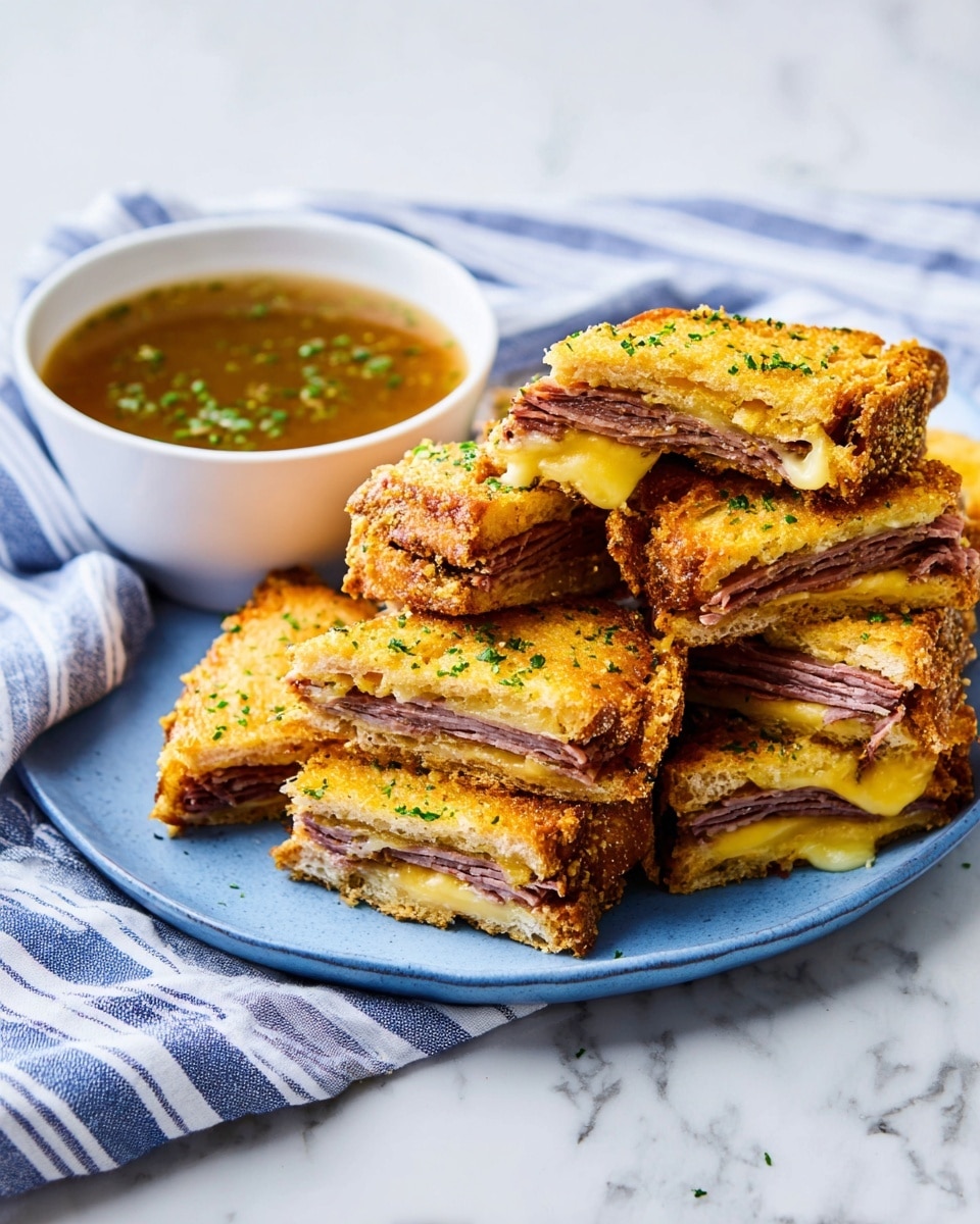 The image shows a pile of folded sandwiches stacked on a blue plate placed on a white marbled surface. Each sandwich has three visible layers: a golden-brown crispy outer layer with small green herb sprinkles, a middle layer of melted cheese that is pale yellow and gooey, and an inner layer of thinly folded slices of dark brown meat. The sandwiches are cut into triangles and slightly overlapping. Next to the plate is a white bowl filled with a light brown broth or dipping sauce with green herbs floating in it. A blue and white striped cloth is casually placed behind the plate. The scene is bright and clean. photo taken with an iphone --ar 4:5 --v 7
