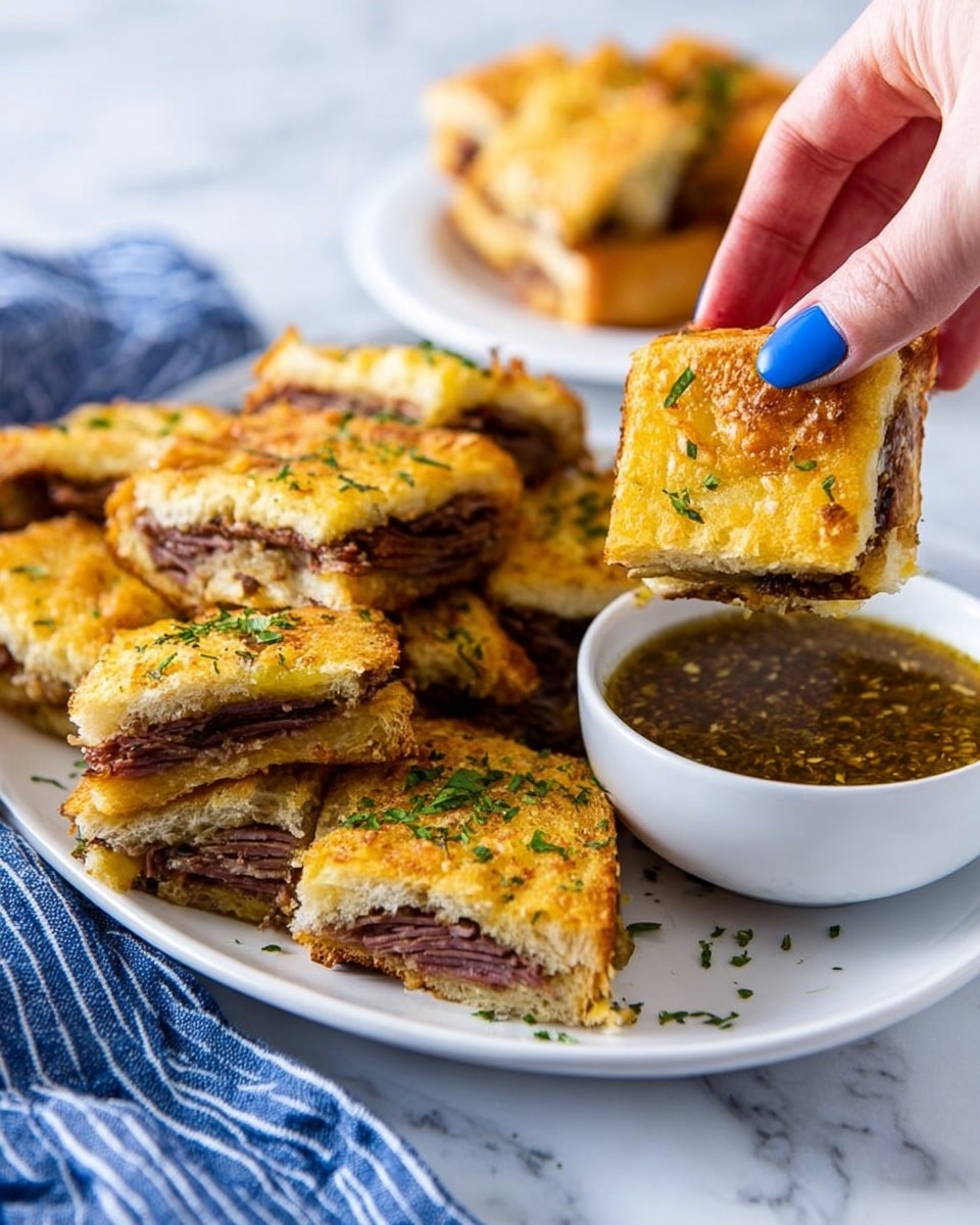 The image shows several square pieces of a layered sandwich with a golden brown, crispy top layer sprinkled with green herbs. Each sandwich piece has three visible layers: a top layer of toasted bread, a middle layer with thin slices of dark brown meat, and a bottom layer of slightly toasted bread. A woman's hand with blue nail polish is holding one sandwich piece, dipping it into a white bowl filled with a greenish-brown sauce with herbs. The sandwich pieces are stacked on a white plate in the background, all placed on a white marbled surface with a blue striped cloth partly visible on the side. photo taken with an iphone --ar 4:5 --v 7
