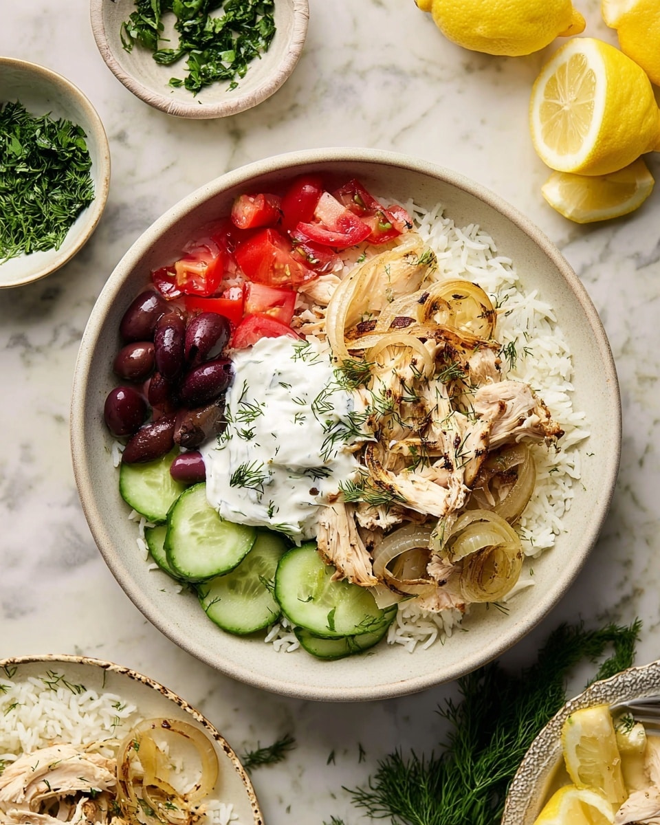 A white bowl filled with fluffy white rice at the base, topped with a layer of soft, cooked white onions and gentle brownish grilled chicken slices in the center. Around the chicken are fresh cucumber slices with pale green skin and seeds, bright red chopped tomatoes, and dark purple olives. A dollop of creamy white yogurt sauce with small green dill sprigs sits to one side on the rice. The bowl is on a white marbled surface with parts of grilled bread and other bowls with similar contents visible in the background. Photo taken with an iphone --ar 4:5 --v 7