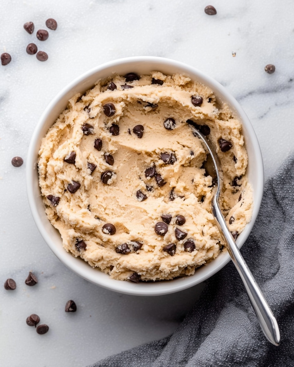A white bowl filled with creamy, light beige cookie dough mixed with dark brown chocolate chips evenly spread throughout. The dough looks soft and slightly rough in texture, with a silver spoon partially submerged on the right side, scooping into the dough. The bowl sits on a white marbled surface, with a few chocolate chips scattered around. A gray towel is casually placed on the right edge of the frame. photo taken with an iphone --ar 4:5 --v 7