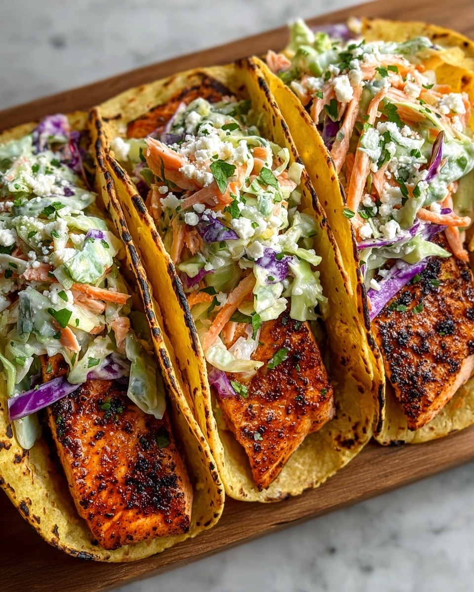 Three grilled salmon tacos are lined up on a wooden board placed on a white marbled surface. Each taco has three main layers: at the bottom, a soft, lightly toasted yellow corn tortilla with slightly charred edges; in the middle, a thick, well-seasoned, crispy salmon fillet with a golden brown crust; on top, a colorful mix of creamy coleslaw made of shredded green and purple cabbage with thin carrot strips and sprinkled with white crumbled cheese and chopped green herbs. The tacos are closely arranged, showing the fresh textures and vibrant colors. Photo taken with an iphone --ar 4:5 --v 7