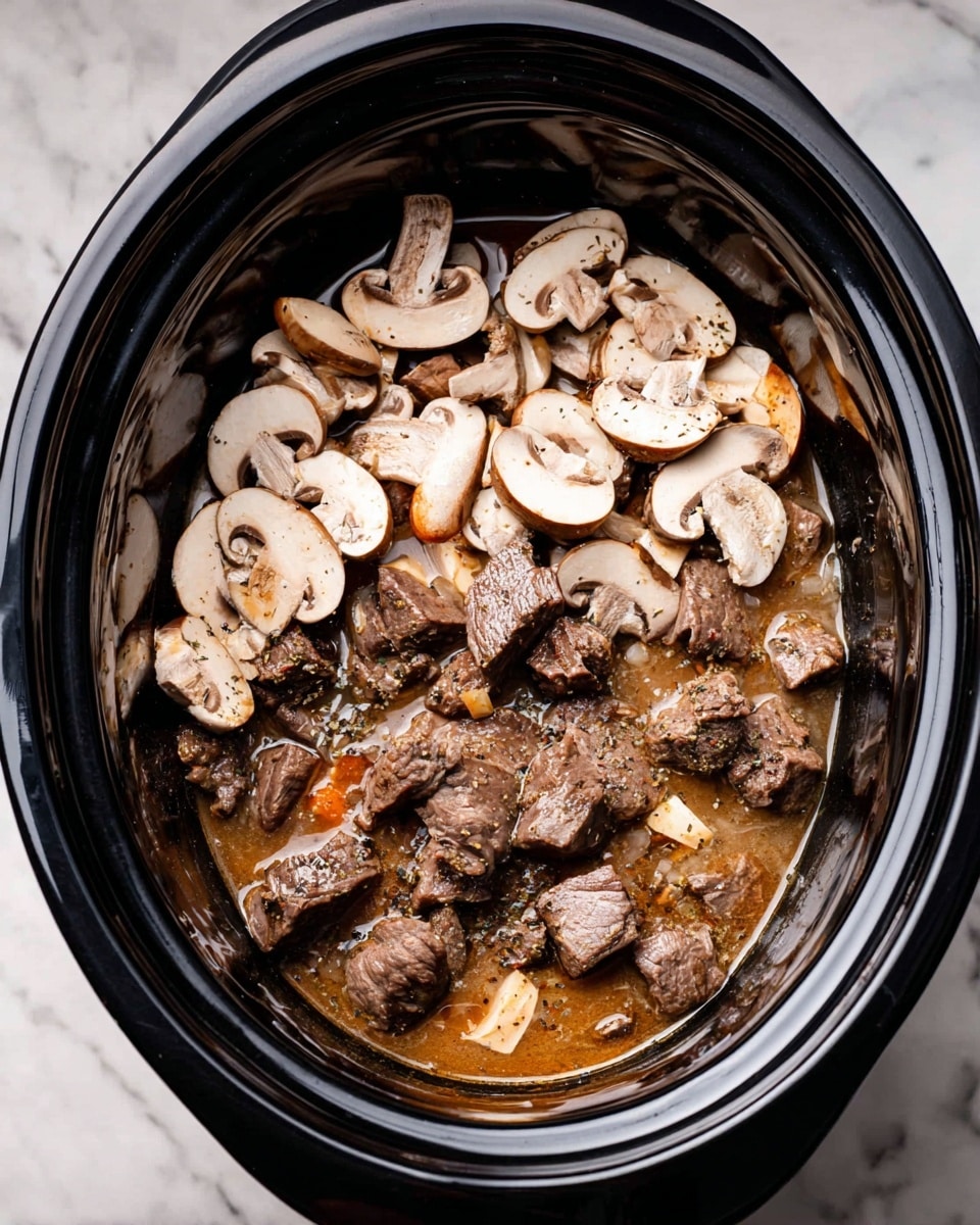 The image shows a black slow cooker with two main layers inside; the bottom layer consists of dark brown beef chunks in a light brown watery sauce, with tiny bits of onions and garlic scattered, while the top layer is fresh light brown sliced mushrooms spread unevenly over the beef and sauce, with a sprinkle of black pepper on the right side. The slow cooker is set on a white marbled surface. Photo taken with an iphone --ar 4:5 --v 7