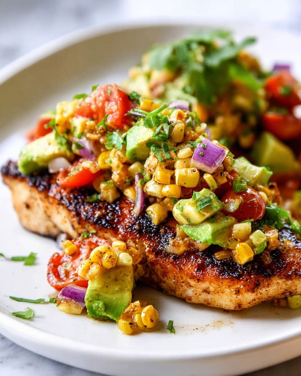 A white plate holds a perfectly cooked, dark golden-brown grilled fish fillet with a slightly crispy texture. On top, there is a colorful mixture of chunky avocado pieces, grilled corn with light char marks, diced red tomatoes, purple onion bits, and small green herbs, creating a fresh and vibrant contrast. The toppings have a slightly glossy look from moisture, and the overall presentation is bright and inviting, set on a white marbled surface. photo taken with an iphone --ar 4:5 --v 7