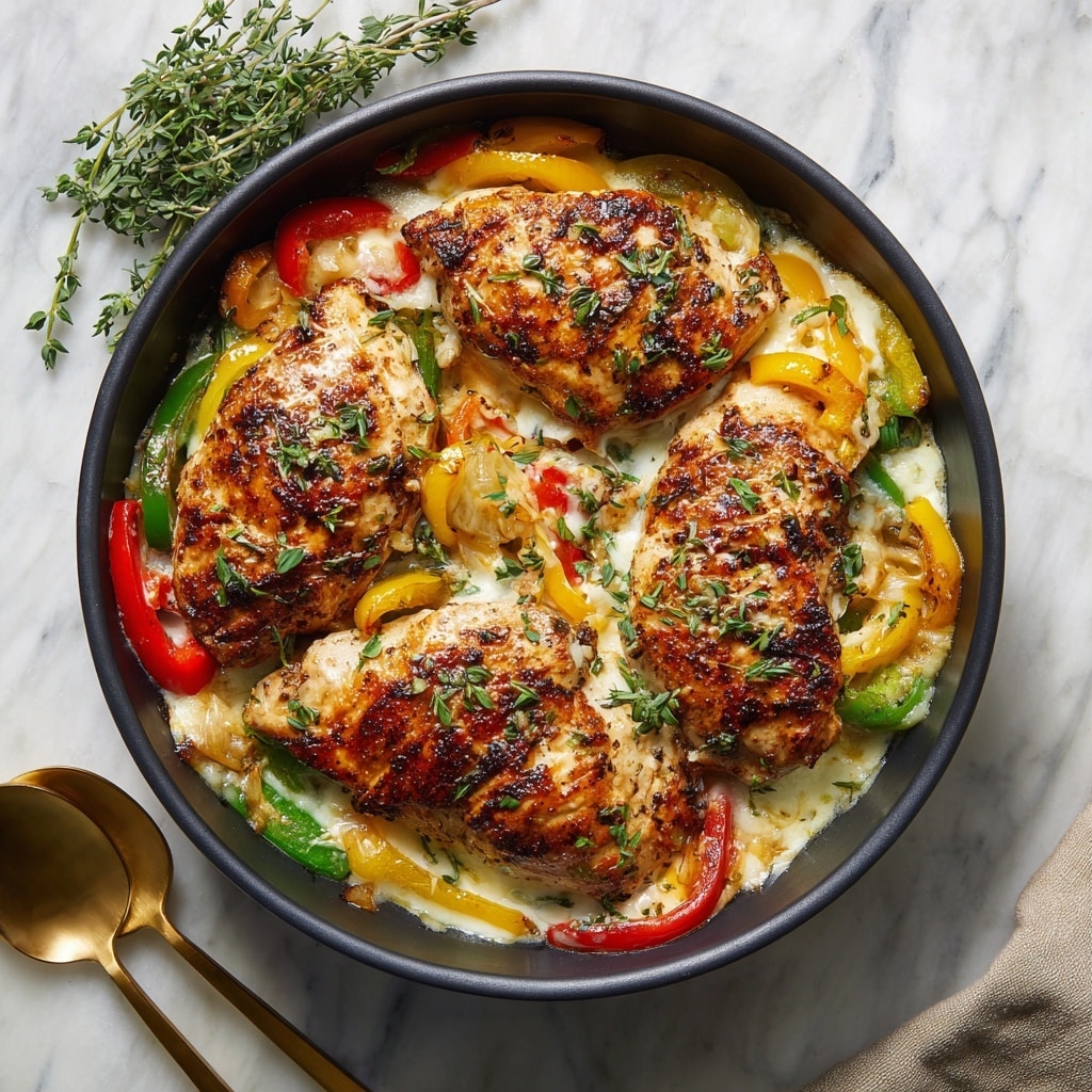 A cast iron skillet filled with cooked meatballs layered with melted yellow cheese, surrounded by sliced red, green, and yellow bell peppers, black beans, and tomato sauce, all mixed together with a slightly saucy texture. Two white plates each hold three meatballs on a bed of the same colorful pepper mix and beans, garnished with fresh green cilantro leaves, giving a fresh contrast. A wooden spoon rests inside the skillet, partially covered by the sauce and vegetables. The whole scene is set on a white marbled surface with small bowls of pepper and salt, a bottle of hot sauce, and a white cloth napkin nearby. photo taken with an iphone --ar 4:5 --v 7