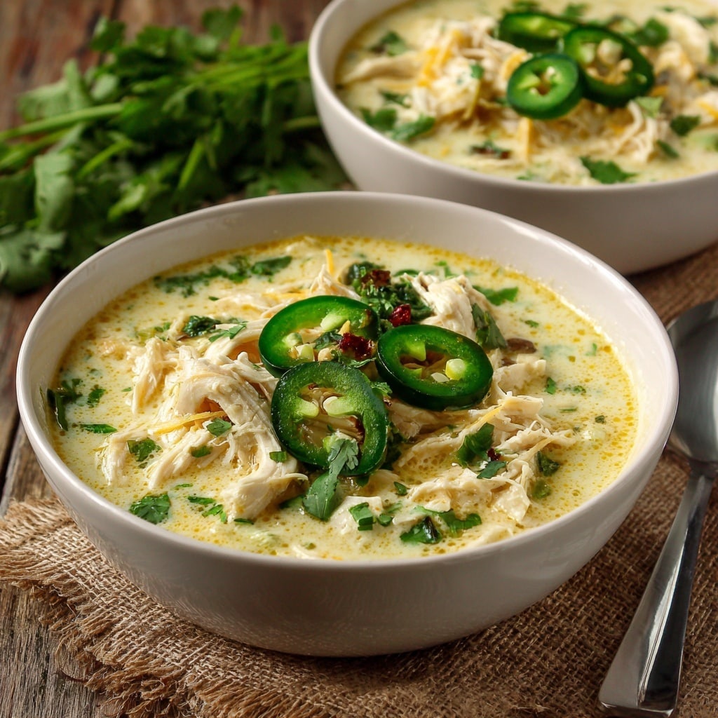 The image shows a white scalloped bowl filled with a creamy light brown soup that has bits of cooked vegetables and possibly chicken mixed in. On top of the soup, there is a colorful garnish made of thinly sliced green jalapeño rings, chopped green onions, and crispy red bacon pieces, creating a fresh and crunchy layer. A small silver spoon with a wooden handle rests inside the bowl on the left side. Around the bowl are small white plates holding extra garnishes like green jalapeño slices and red bacon bits. Whole garlic bulbs and cracked black pepper are scattered on the white marbled surface surrounding the bowl, adding a rustic touch. photo taken with an iphone --ar 4:5 --v 7