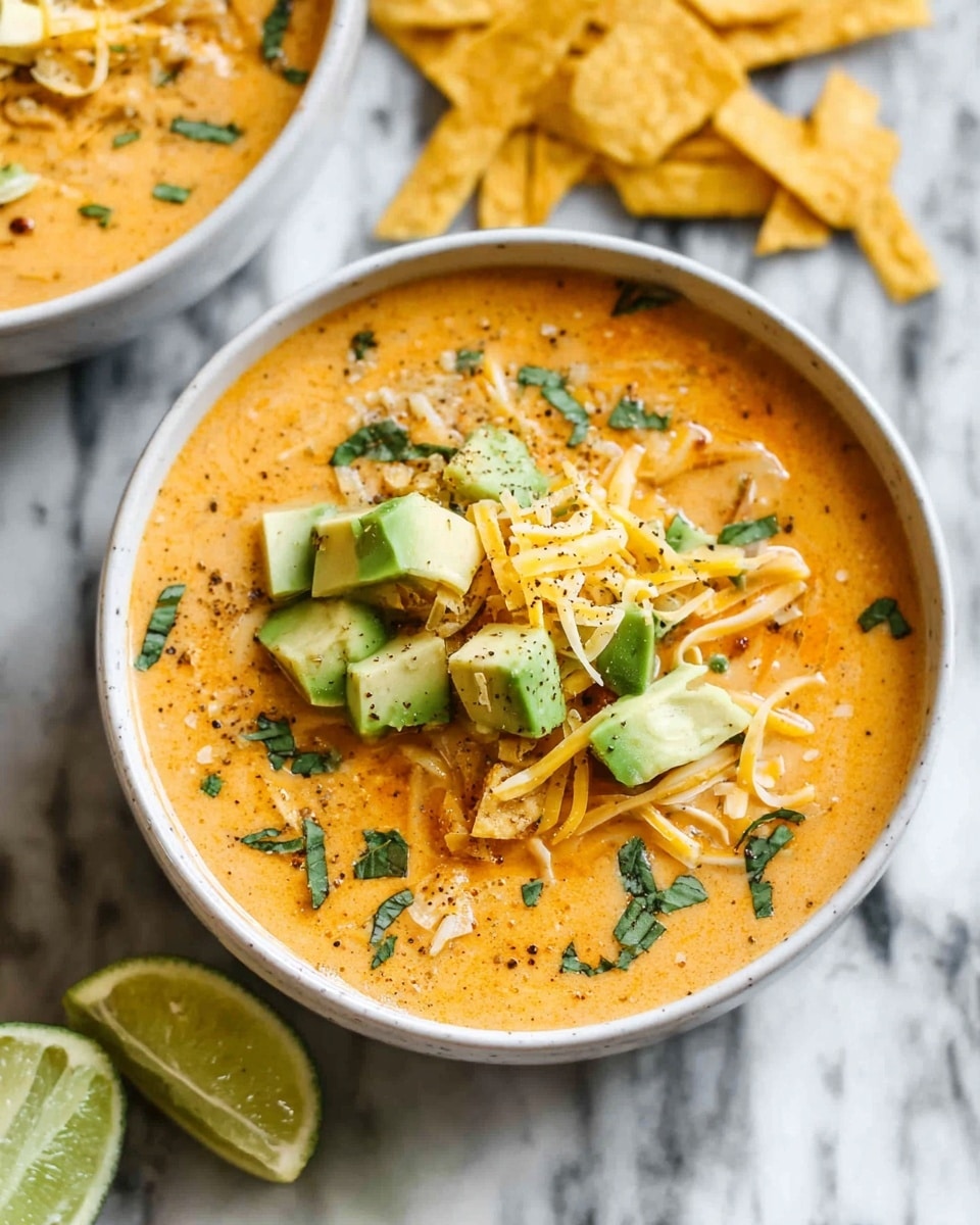 A close-up view of a creamy soup served in a white bowl, featuring a smooth orange base with a slightly chunky texture. On top, there are multiple layers including shredded cheese in pale yellow, small cubes of green avocado, and sprigs of fresh green cilantro scattered around. Thin, crispy tortilla strips with a light golden-brown color sit atop the soup, adding texture. The soup is garnished with a sprinkle of black pepper, adding small dark specks near the center. The bowl is placed on a white marbled surface with another similar bowl blurred in the background. photo taken with an iphone --ar 4:5 --v 7