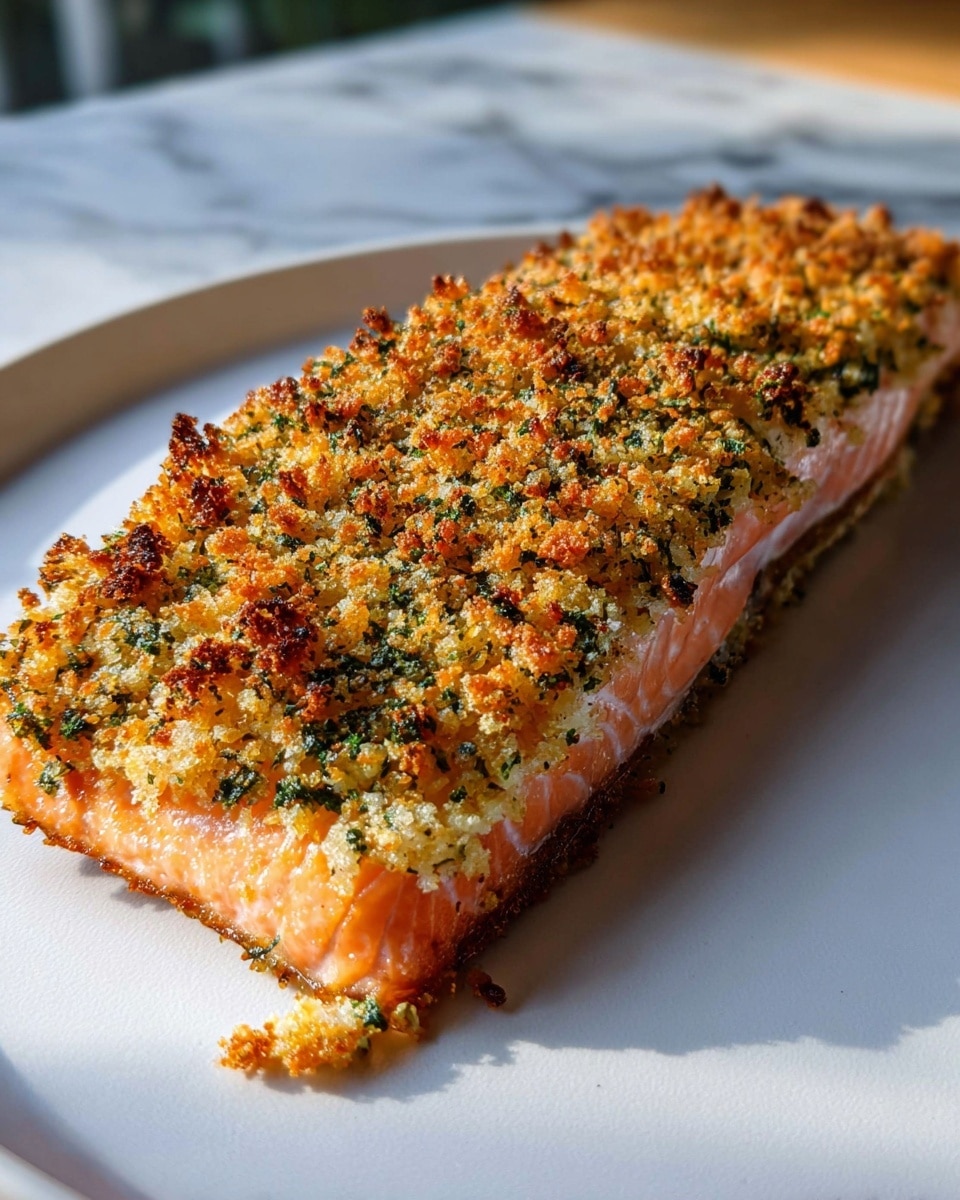 A thick piece of salmon is placed on a white plate on a white marbled surface. The bottom layer is the pink, flaky salmon flesh with visible texture. On top of this is a golden-brown crumb crust made from breadcrumbs and herbs, with a crispy, slightly uneven surface dotted with green parsley flakes. The edges of the crust are browned and crunchy, creating a contrast with the tender fish beneath. The image is taken up close with a soft background that shows a cozy room with warm lights and windows. Photo taken with an iphone --ar 4:5 --v 7