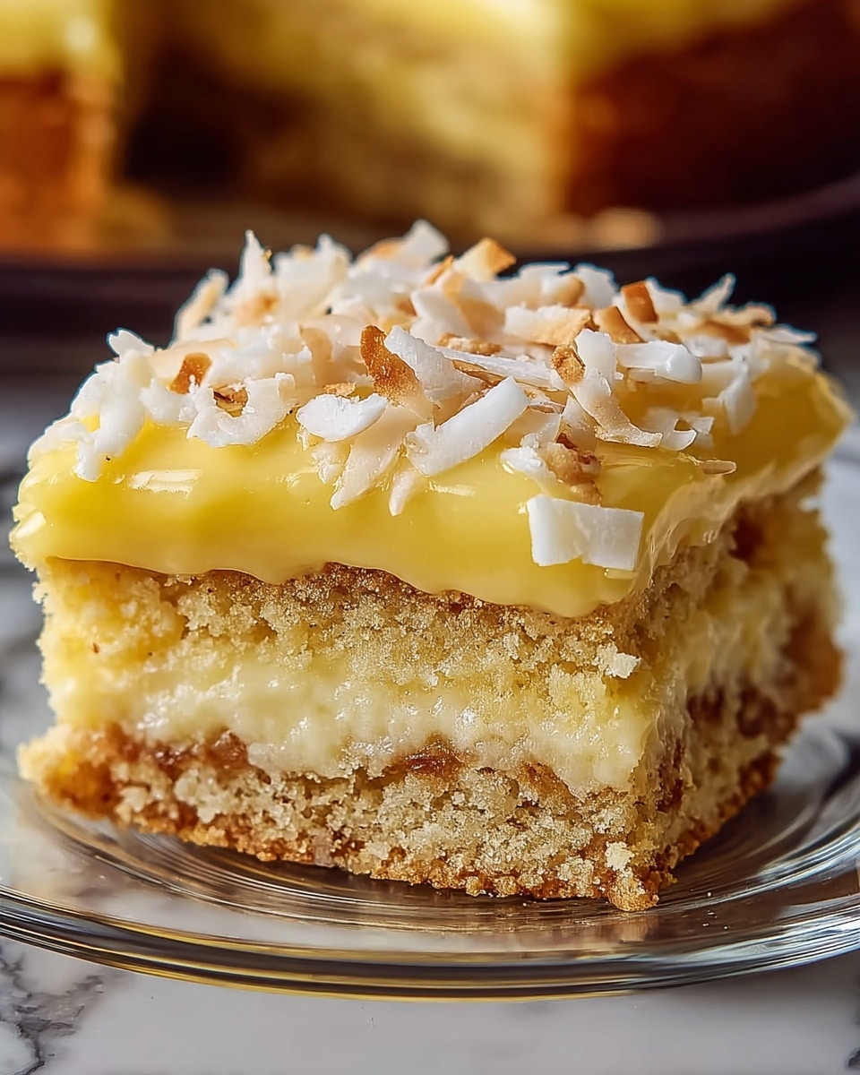 A close-up of a two-layer square cake slice on a clear glass plate set on a white marbled surface. The bottom layer is light golden brown with a crumbly texture, topped with a smooth, creamy yellow custard-like filling layer. Above this, a second golden brown cake layer sits, covered by a thick, shiny yellow frosting, topped with white and toasted coconut flakes scattered across. Photo taken with an iphone --ar 4:5 --v 7