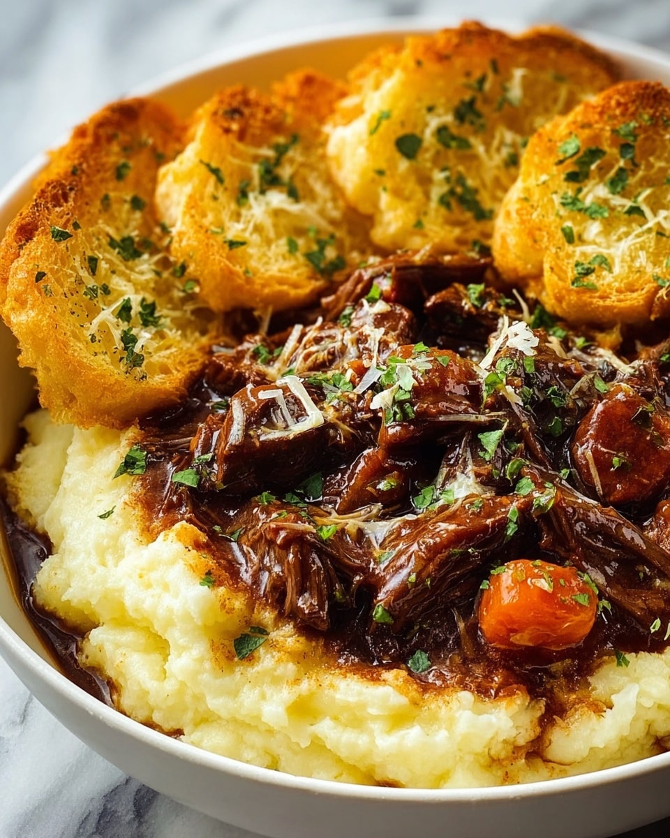 The dish is served in a white bowl with a thick base of creamy mashed potatoes that are pale yellow and smooth. On top of the mashed potatoes lies a rich, dark brown braised beef, shredded and covered in glossy gravy with some fresh green thyme leaves sprinkled over. To one side, there are two golden-brown, crispy roasted potato slices, slightly charred at the edges and garnished with small green herb sprigs. Opposite the potatoes, a colorful mix of steamed bright green peas and diced orange carrots fills the space, adding a fresh contrast. A silver spoon is placed inside the bowl, resting on the edge of the mashed potatoes with some gravy on it. The bowl sits on a white marbled surface with a striped cloth nearby. photo taken with an iphone --ar 4:5 --v 7