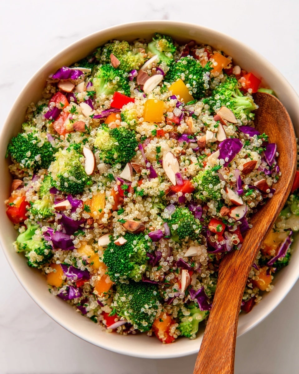 A clear glass bowl holds five separate layers of ingredients arranged in sections without mixing: bright green chopped broccoli florets fill the upper right section, small crumbled white cheese covers the right side below the broccoli, red and white diced apples occupy the bottom right, a mix of coarsely chopped brown nuts including walnuts and almonds is at the bottom center, and light tan cooked quinoa fills the left side. The bowl sits on a smooth white marbled surface. photo taken with an iphone --ar 4:5 --v 7