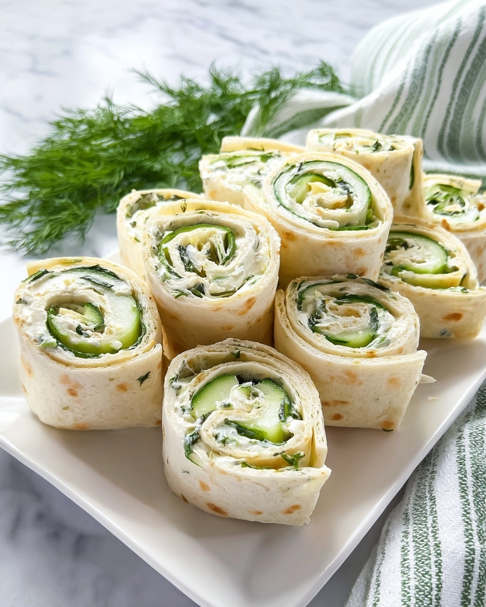 A close-up image shows a tortilla wrap being rolled by a woman's hand on a white marbled surface. The tortilla has two visible layers: the bottom layer is the light beige tortilla, and the top layer is spread with white creamy cheese sprinkled with small green herbs. On top of the cheese, there are multiple fresh cucumber slices arranged in two neat rows, showing their green edges and pale centers with seeds. The woman's hand is gently folding the tortilla from the bottom side upwards, adding a natural touch to the scene. Photo taken with an iphone --ar 4:5 --v 7