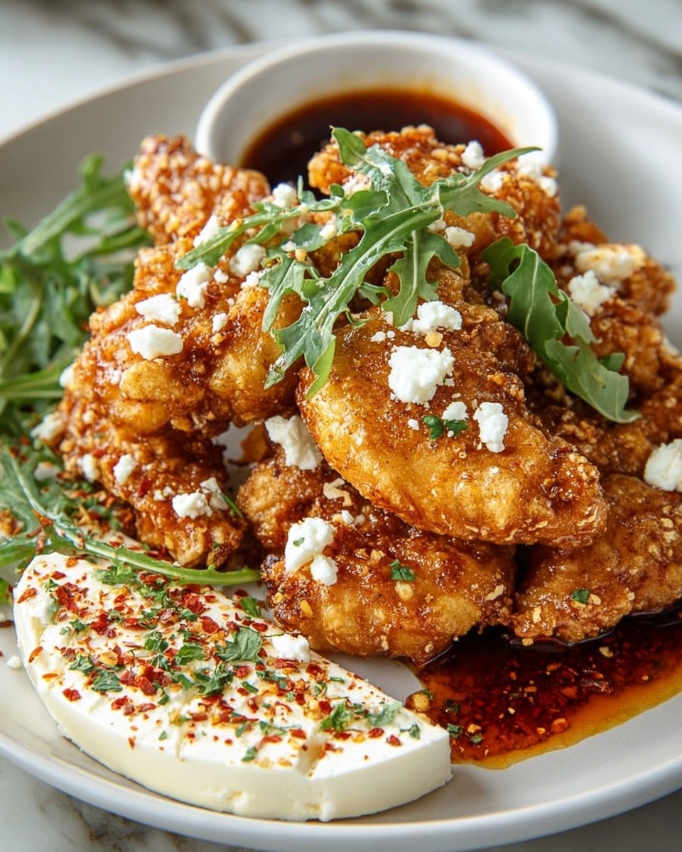 The image shows a white rectangular dish filled with several pieces of golden brown, crispy baked chicken. Each piece is covered with a shiny honey glaze that glistens under the light, with small white crumbles of cheese scattered on top. Fresh green herbs are sprinkled evenly over the chicken, adding contrast against the warm tones of the meat and glaze. The dish sits on a white marbled surface, enhancing the rich, appetizing colors of the chicken. Photo taken with an iphone --ar 4:5 --v 7