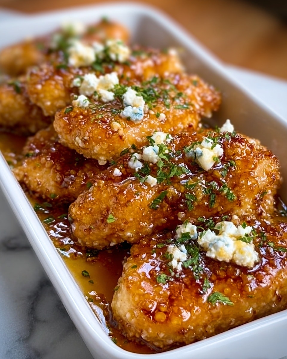 The dish shows a pile of golden brown fried food pieces coated with a crunchy, seasoned crust, soaked in a thick, dark reddish-brown sauce at the bottom. On top of the crispy pieces, there are small white crumbles of cheese and a few green leafy herbs scattered around. To the side, a thick slice of soft white cheese is garnished with a sprinkle of orange and green spices. The food is served on a large white plate with some green leaves underneath, sitting on a white marbled surface. Photo taken with an iphone --ar 4:5 --v 7